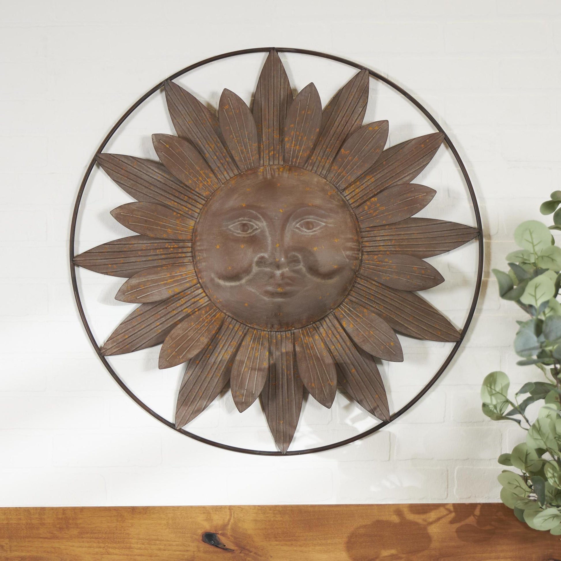 Sun Brown Metal Indoor Outdoor Home Wall Decor with Distressed Copper Like Finish