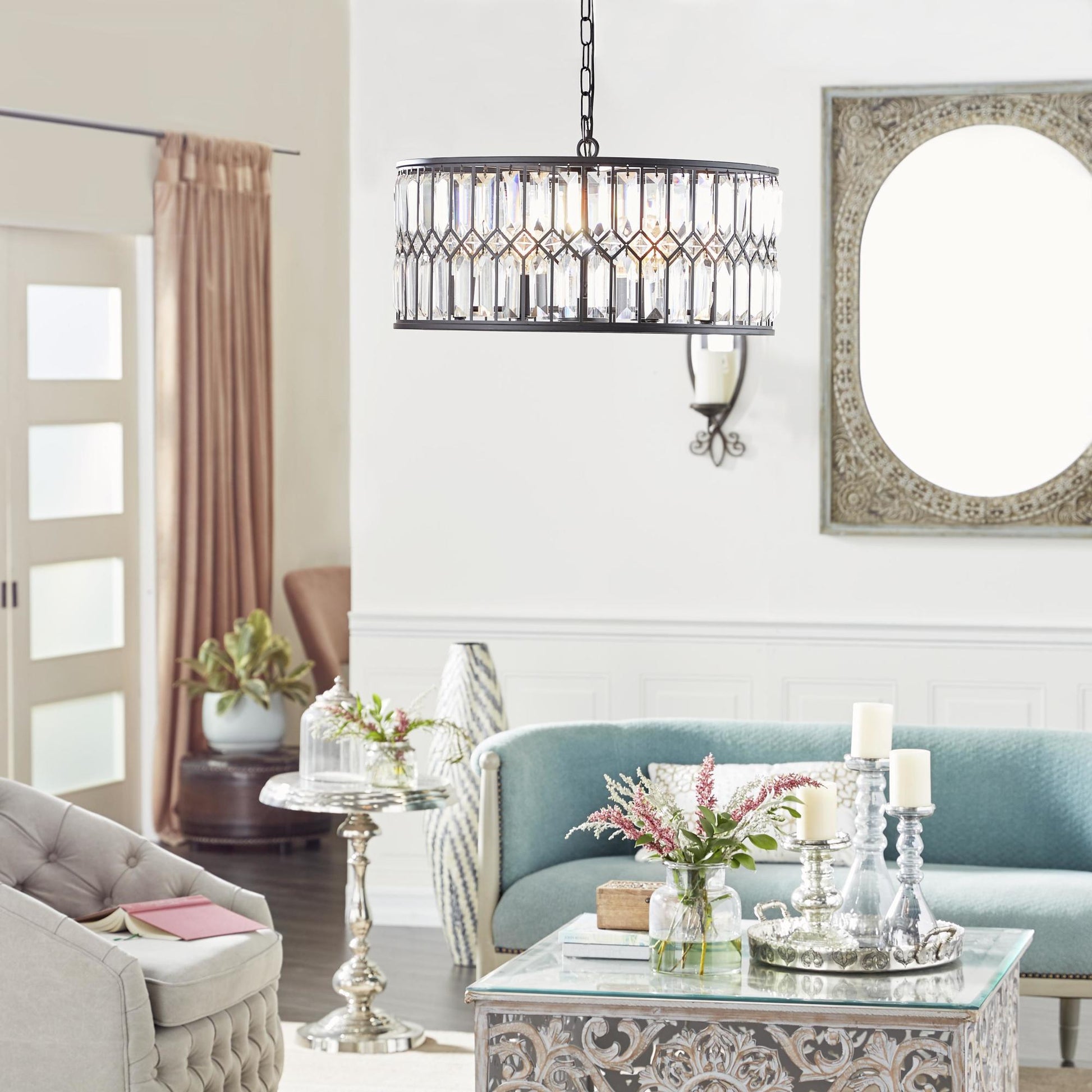 Geometric Black Metal Crystal Embellished 6 Light Room Chandelier with Link Chain