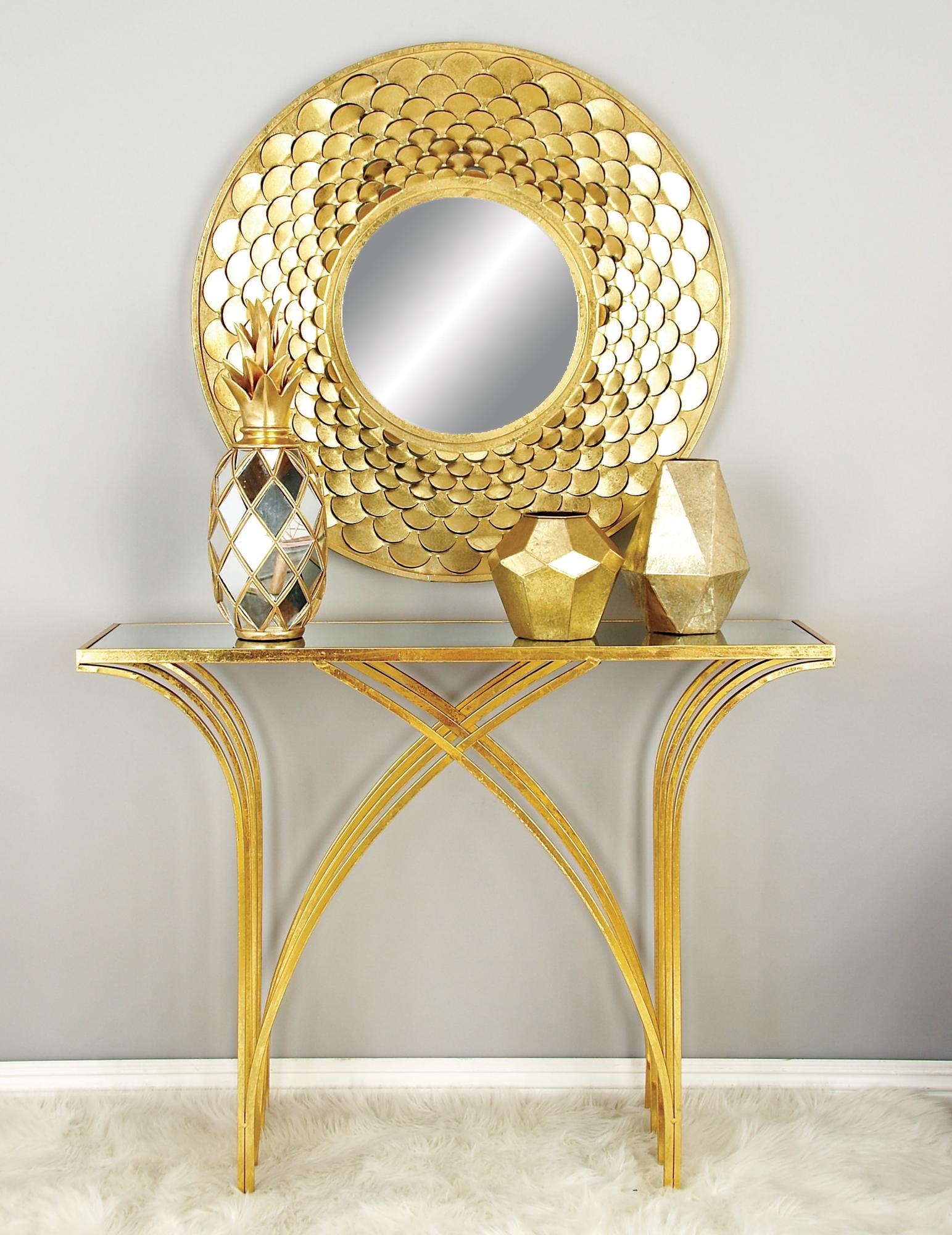Geometric Gold Metal Rectangular Living Room Console Table with Mirrored Glass Top