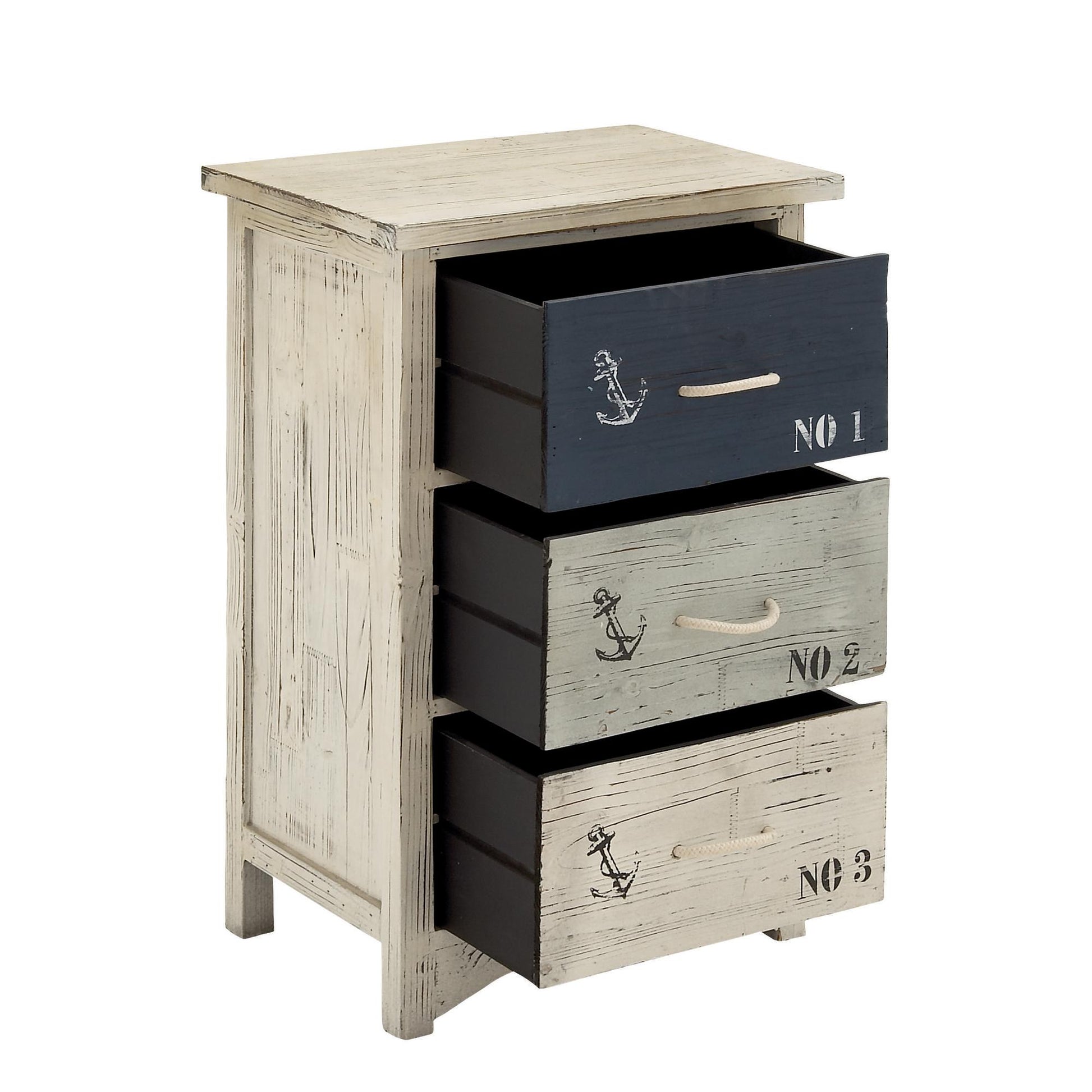 Anchor Blue Wooden Small Distressed Room Chest with 3 Numbered Drawers and Rope Handles