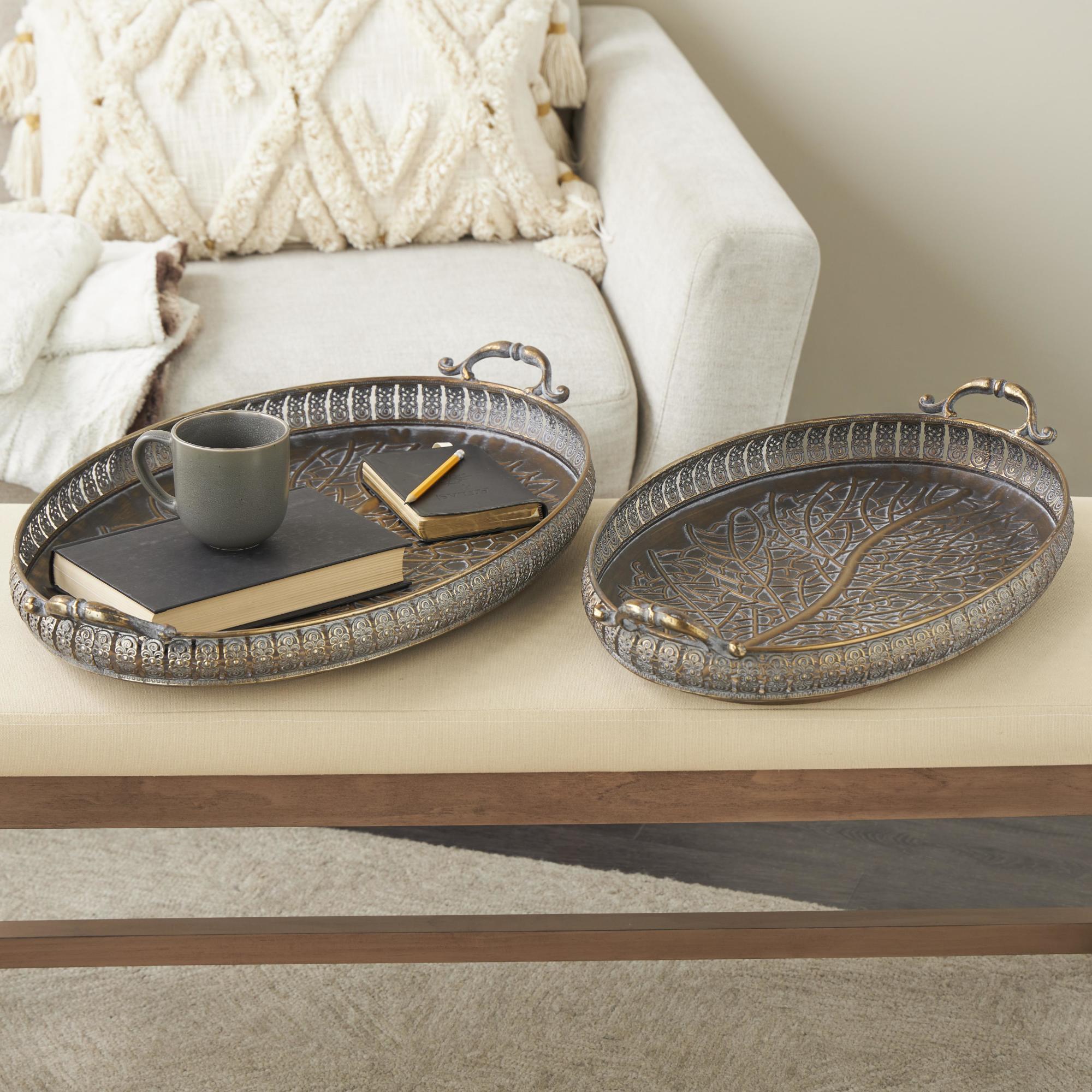 Set of 2 Scroll Brass Metal Ornate Oval Living Room Decor Tray with Tree Patterned Interior