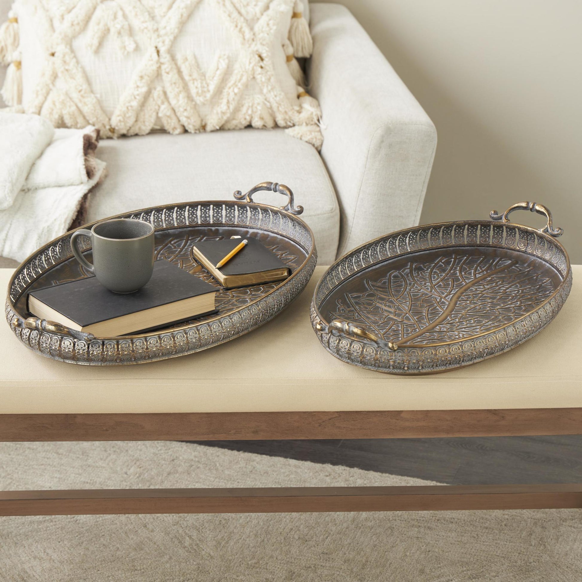 Set of 2 Scroll Brass Metal Ornate Oval Living Room Decor Tray with Tree Patterned Interior