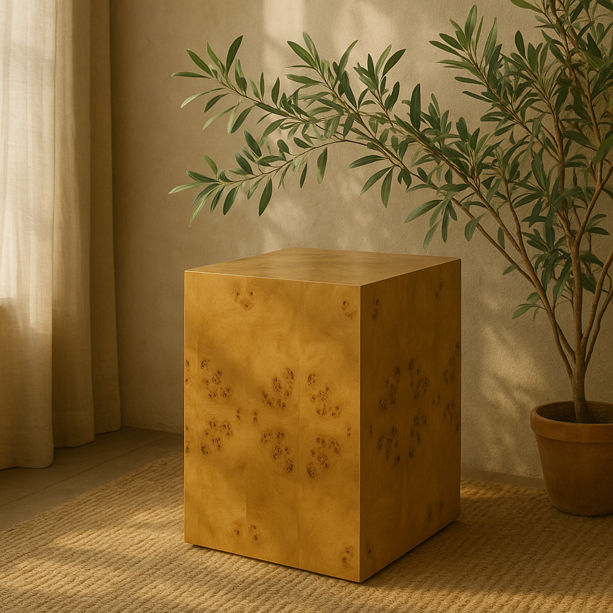 Brown Wood Square Cube Side End Accent Table with Wood Grain Patterns