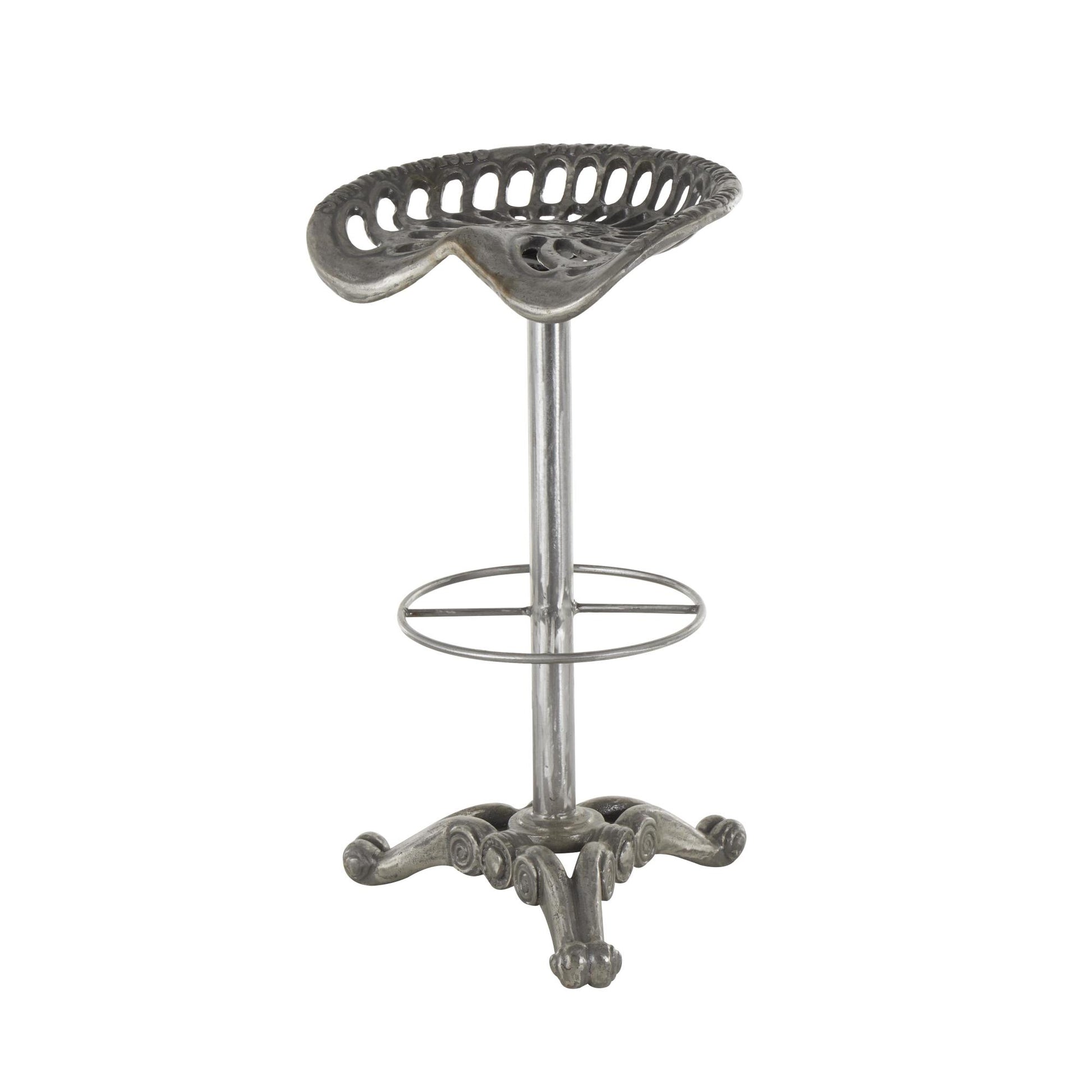 Scroll Gray Metal Weathered Antique Cast Iron Kitchen Bar Stool with Cutout Textured Seat and Footrest