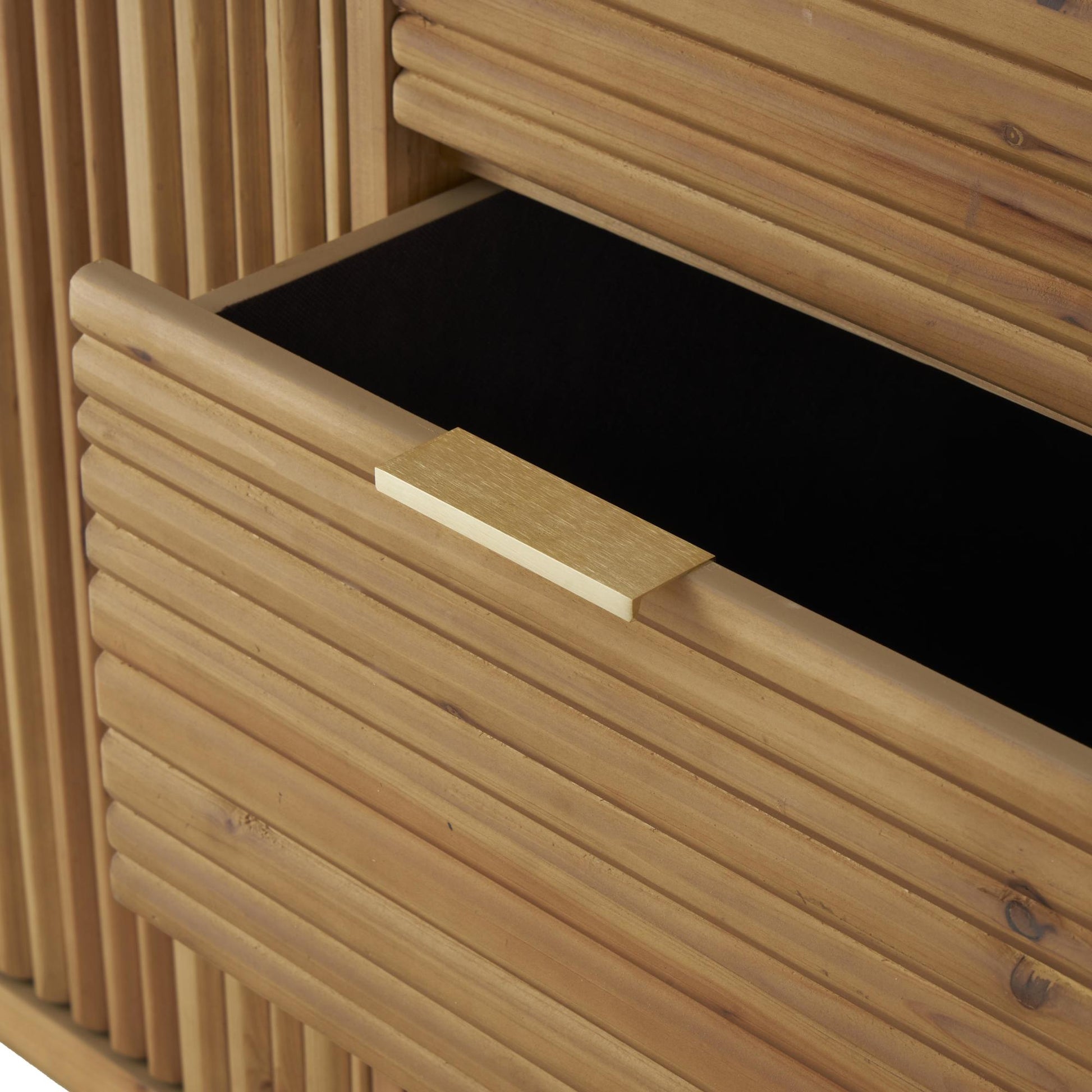 Brown Wooden Ribbed 1 Door and 3 Drawer Room Cabinet with Gold Metal Handles