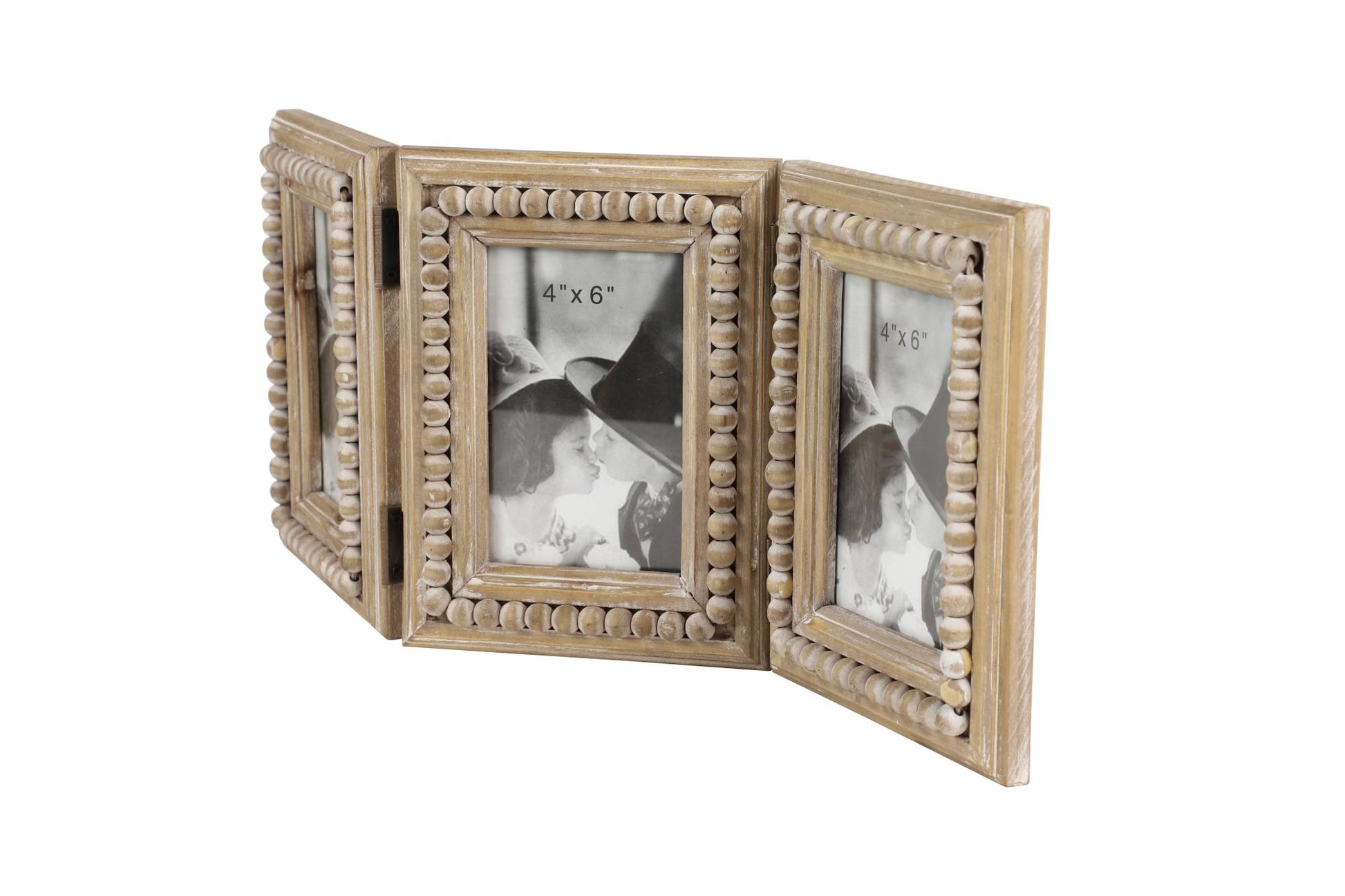 Brown Wood Beaded 3 Slot Ornate Photo Frame