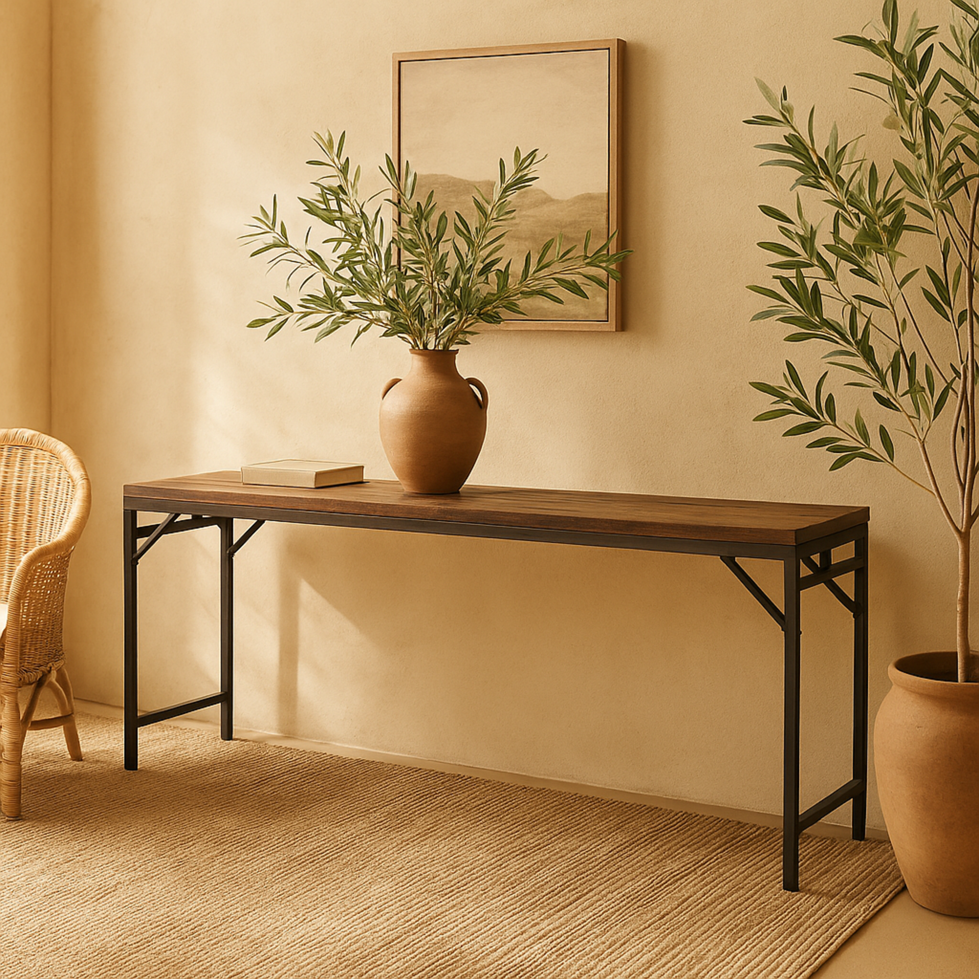 Dark Brown Teak Wood Long Living Room Console Table with Black Metal Legs