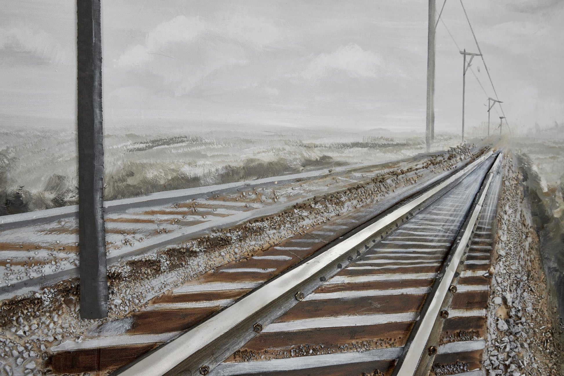 Landscape Gray Canvas Railroad Track Living Room Framed Wall Art with Silver Frame