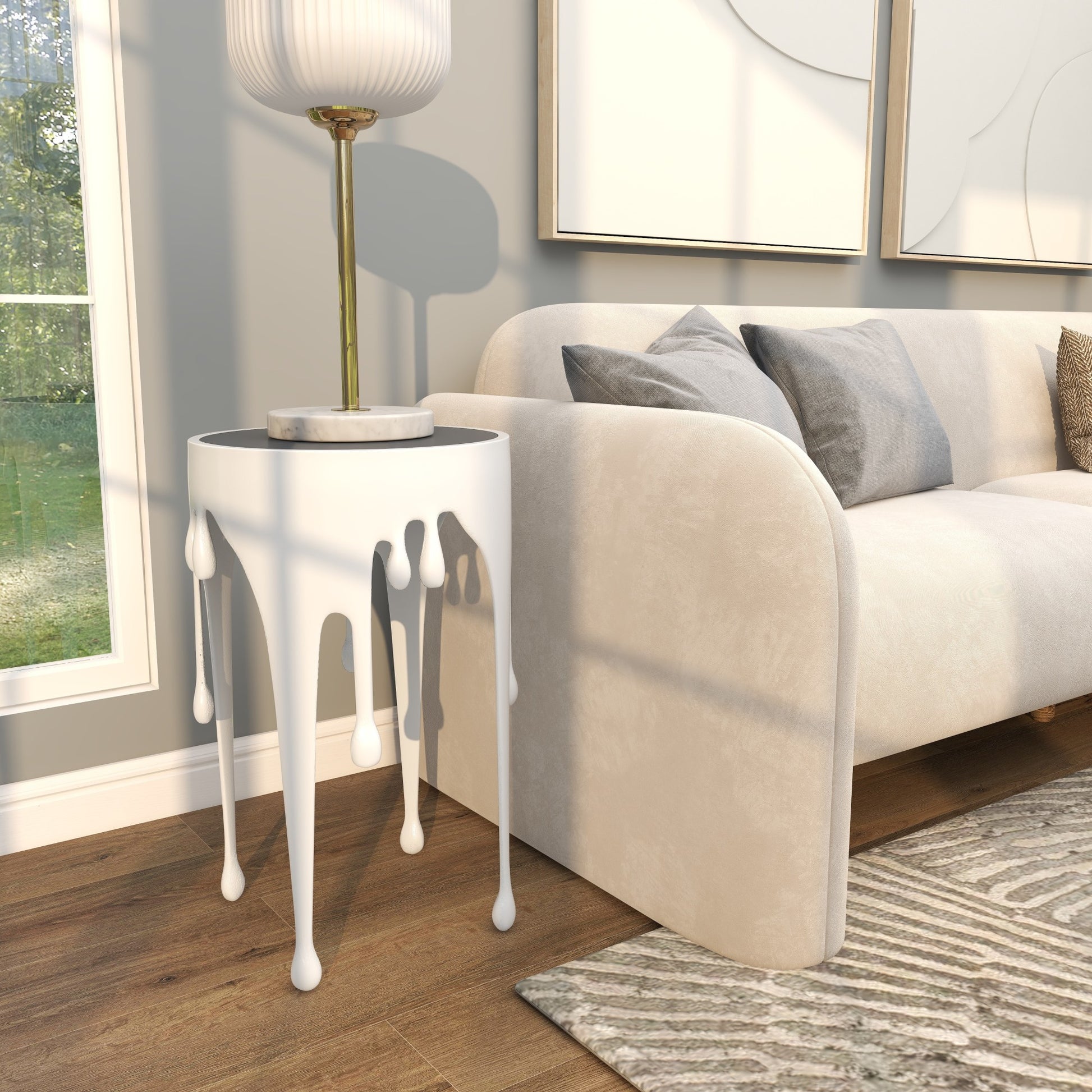 Abstract Aluminum Metal Drip Side End Accent Table with Melting Design and Shaded Glass Top