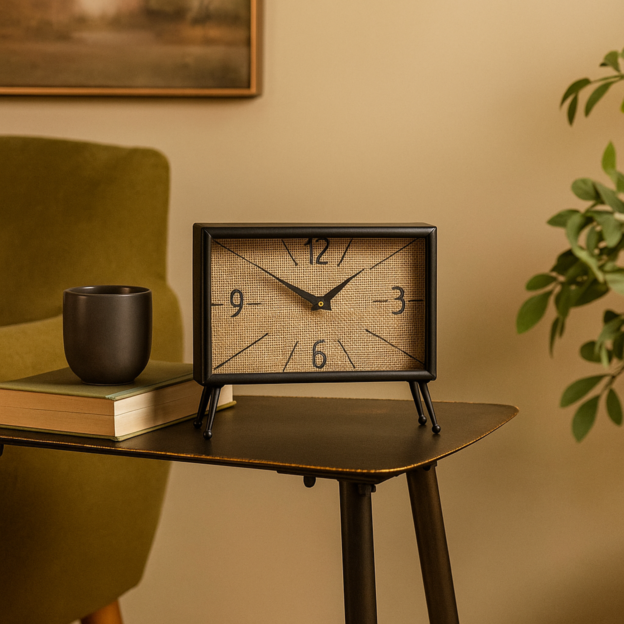 Black Metal Rectangular Decorative Clock with Tea Stained Clock Face