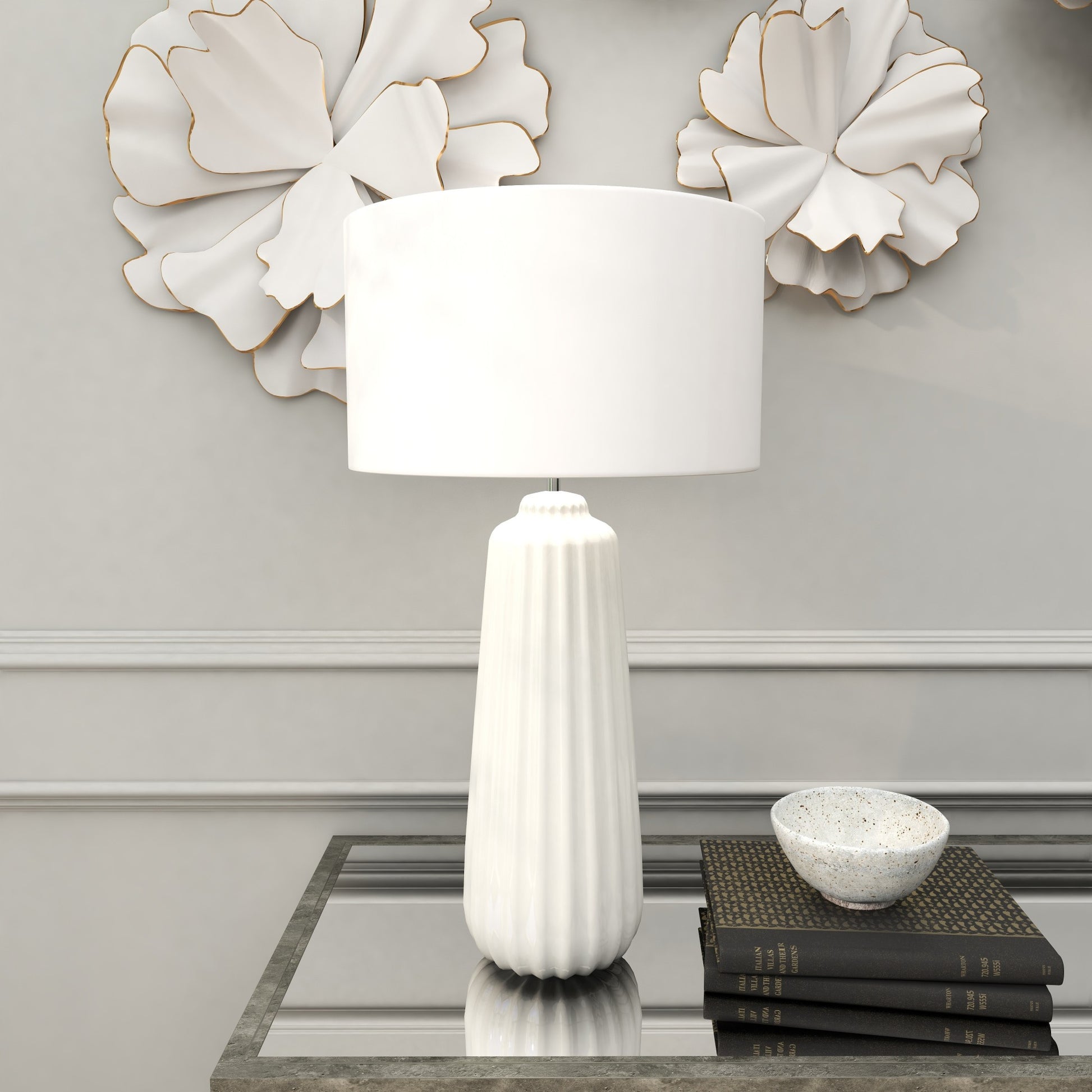 White Ceramic Ribbed Room Table Lamp