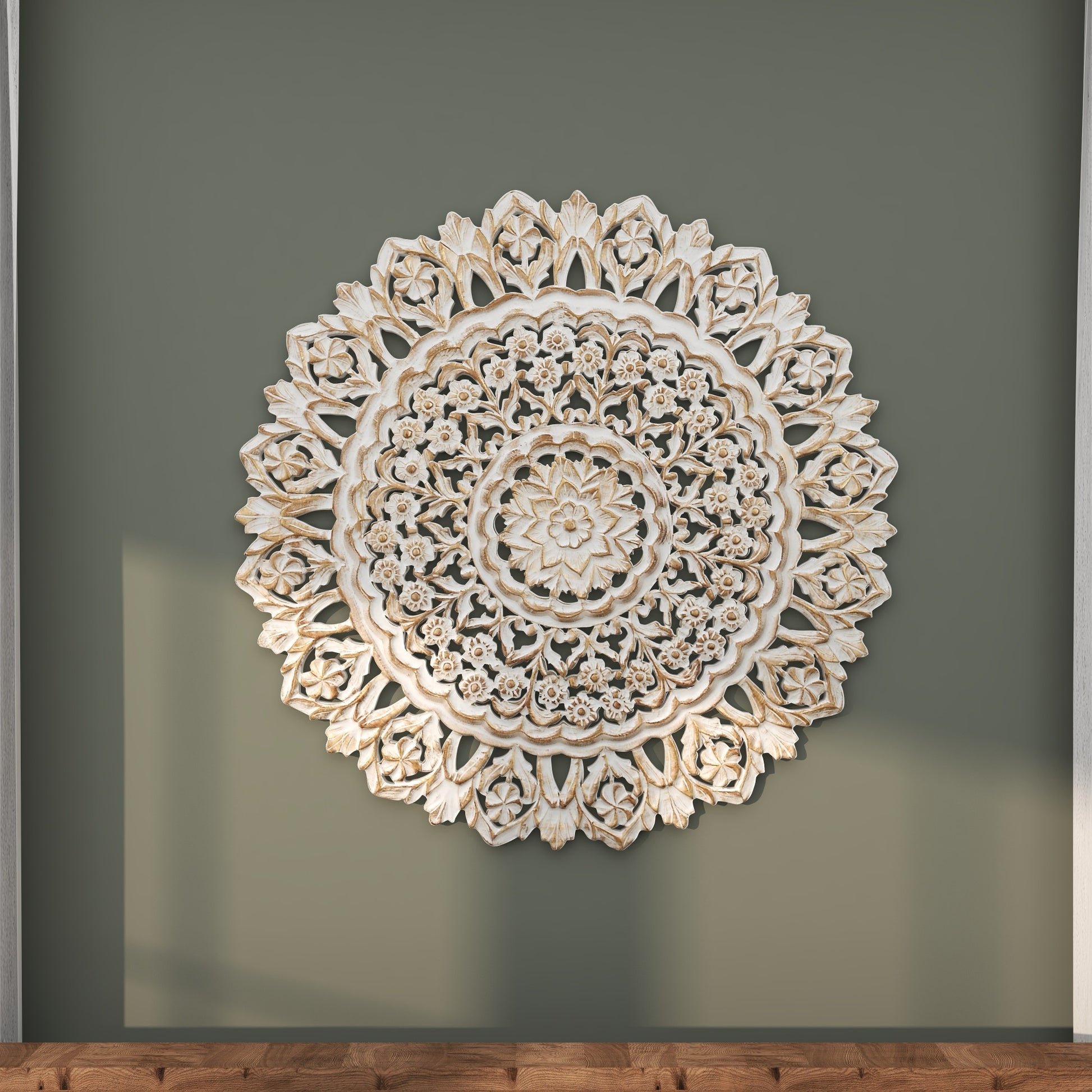 Floral White Wood Handmade Intricately Carved Mandala Home Wall Decor