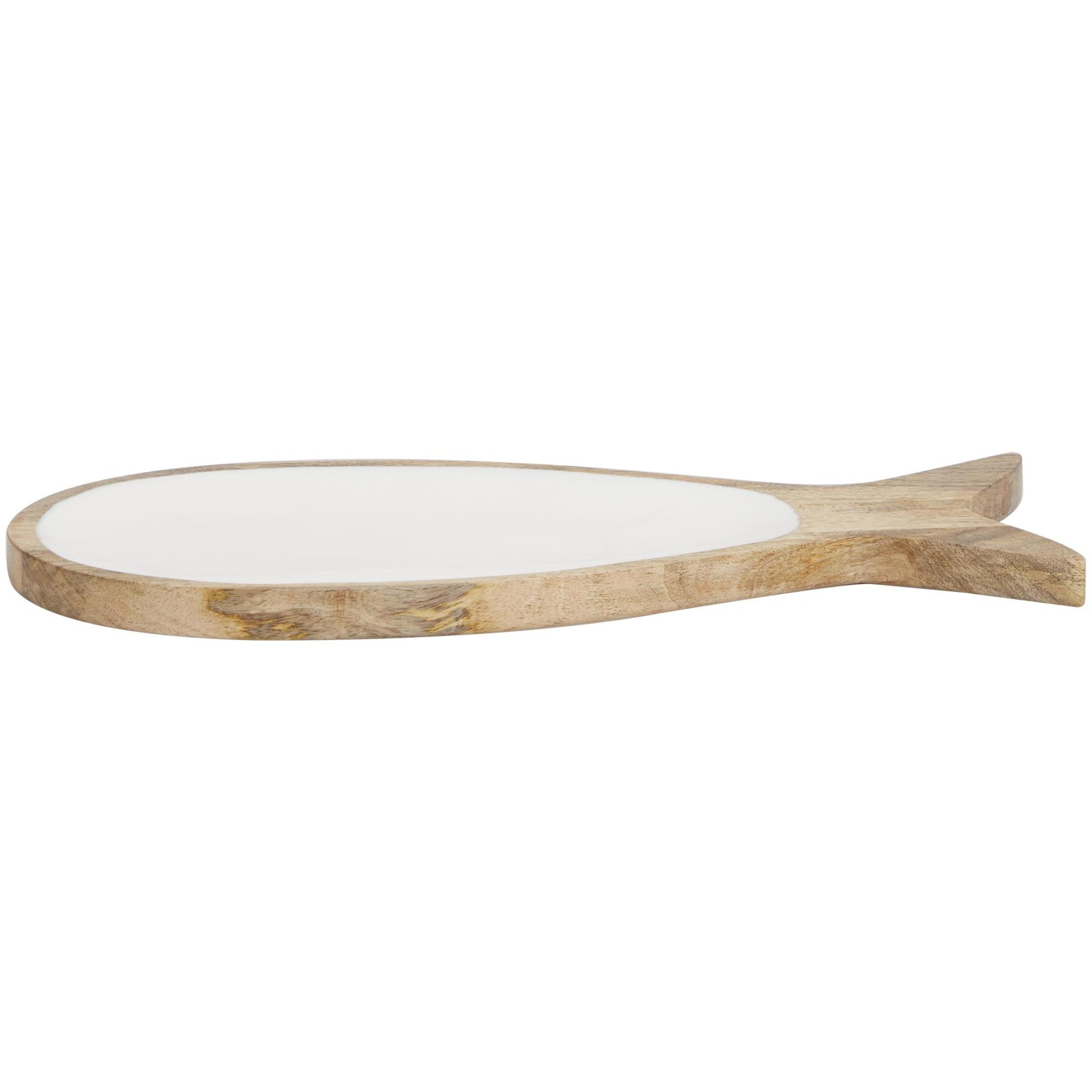 Fish Brown Mango Wood Living Room Decor Tray with White Enameled Interior