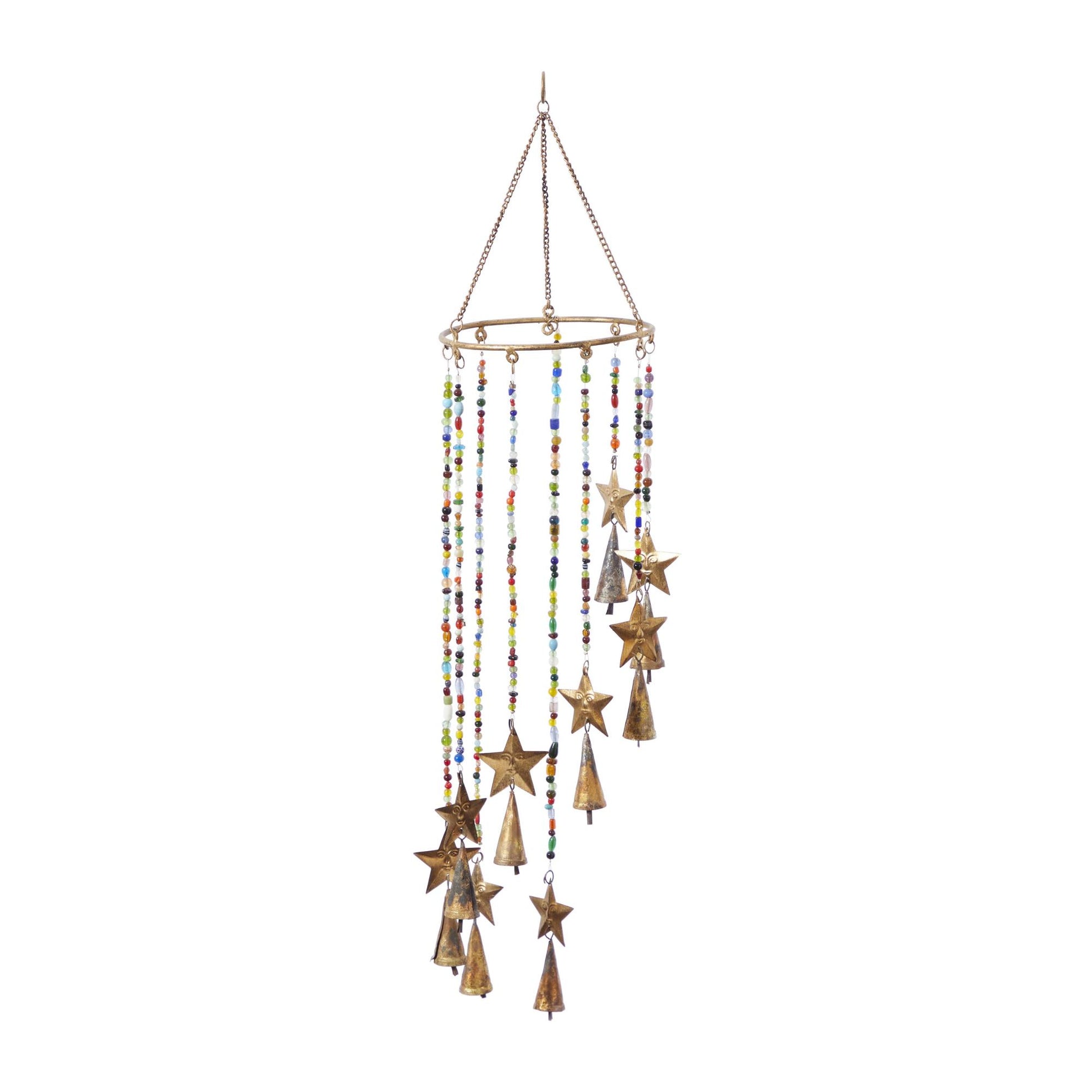 Sun and Star Gold Metal Handmade Indoor Outdoor Windchime with Glass Beads and Cone Bells