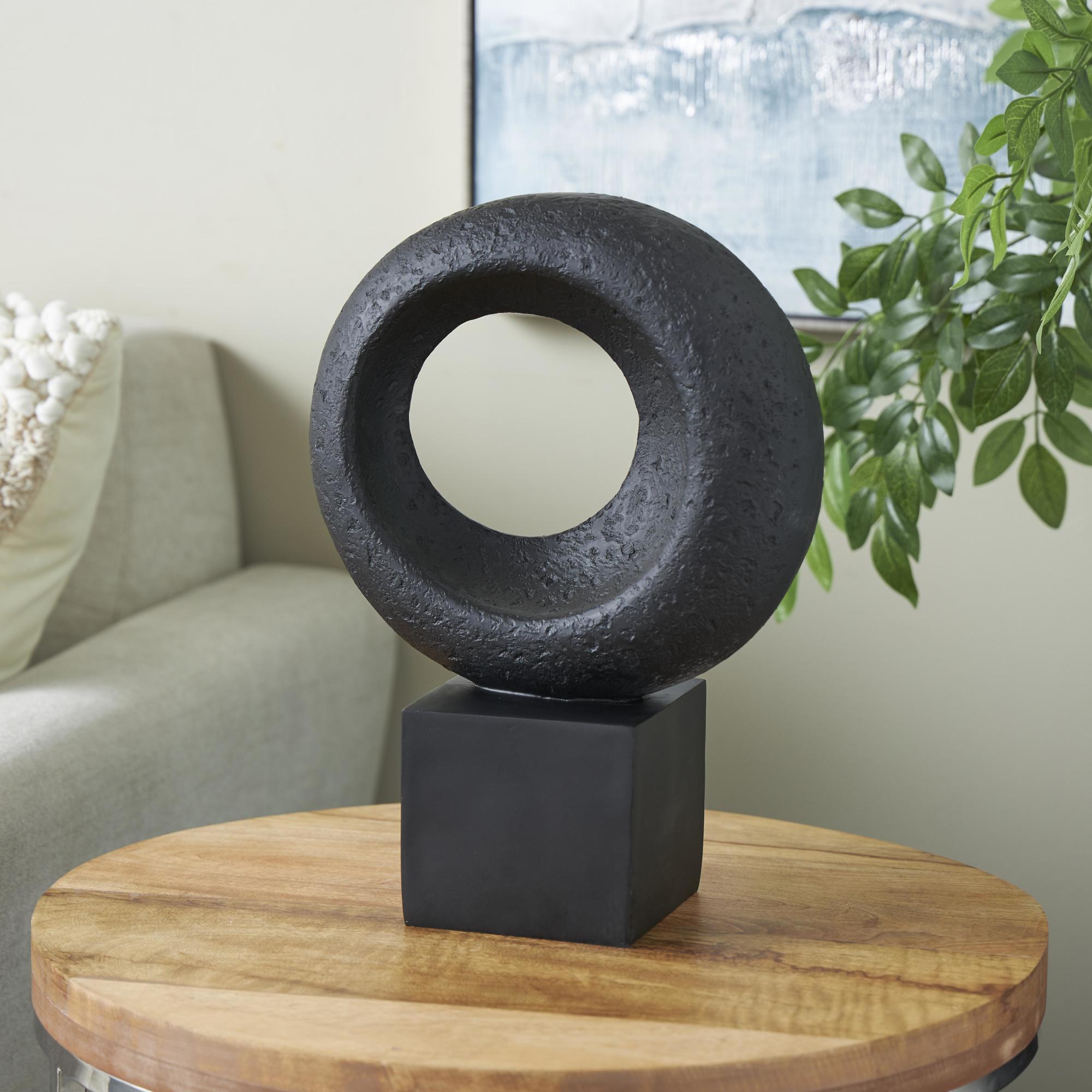 Geometric Black Polystone Textured Cutout Ring Decorative Sculpture with Block Base