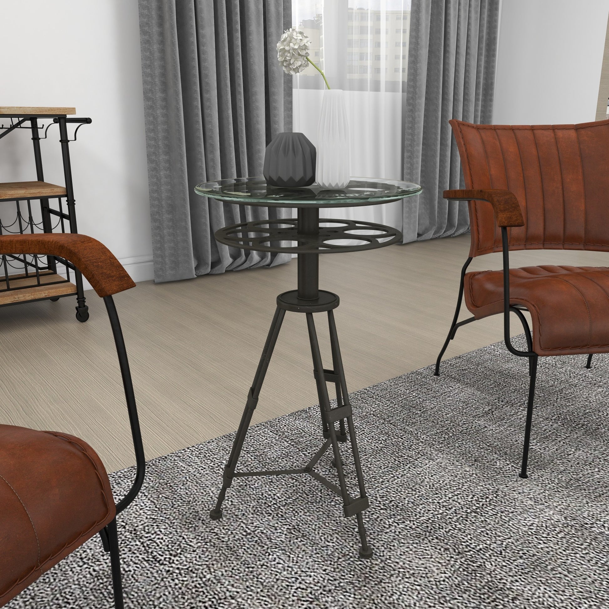 Film Black Metal Reel Side End Accent Table with Tripod Legs and Glass Top