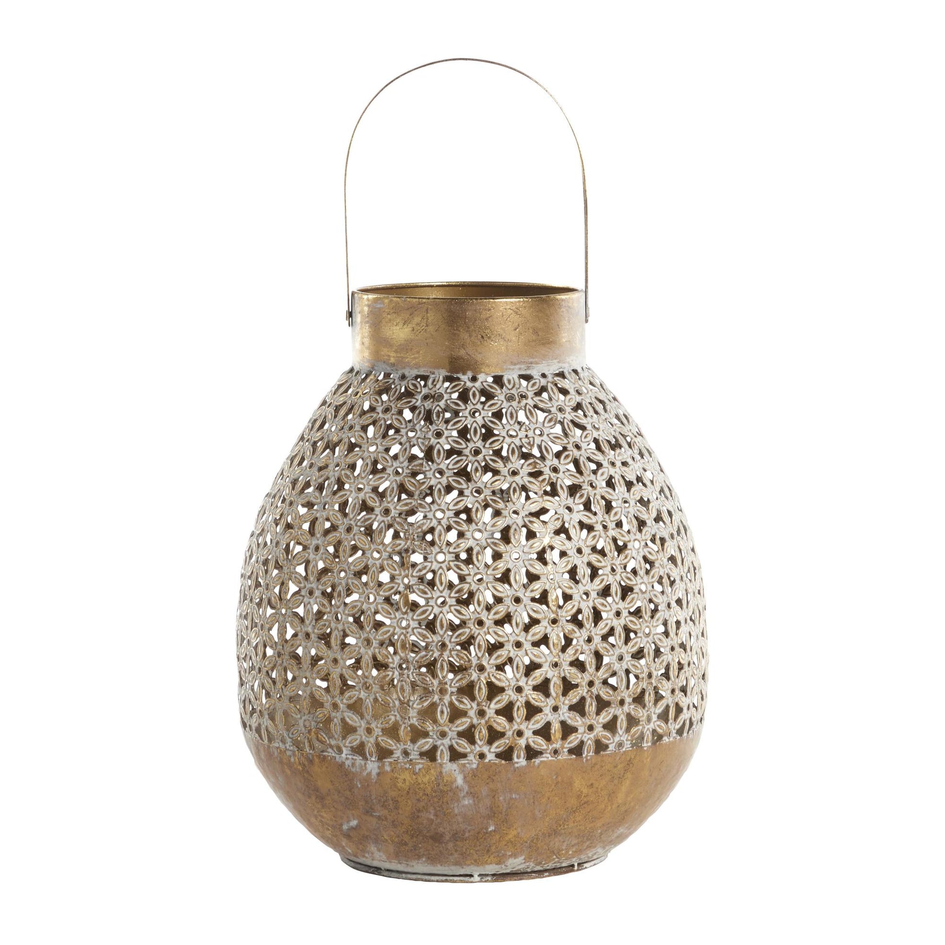 Moroccan Gold Metal Laser Cut Metal Decorative Indoor Outdoor Candle Lantern with Handle