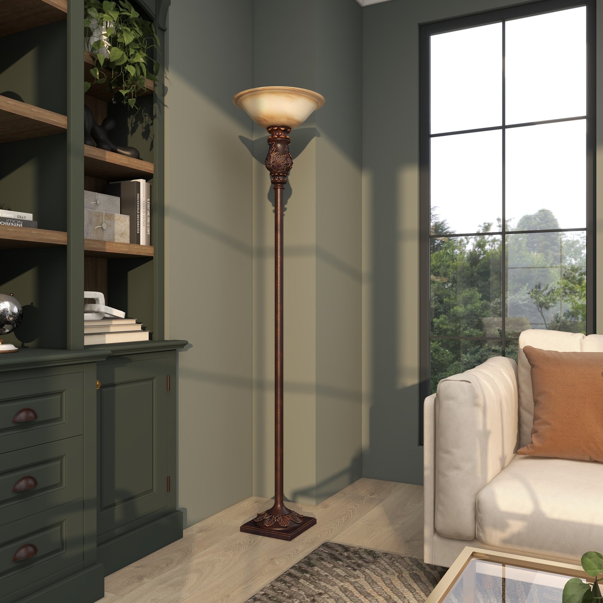 Leaf Brown Metal Antique Style Room Torchiere with Gold Accents