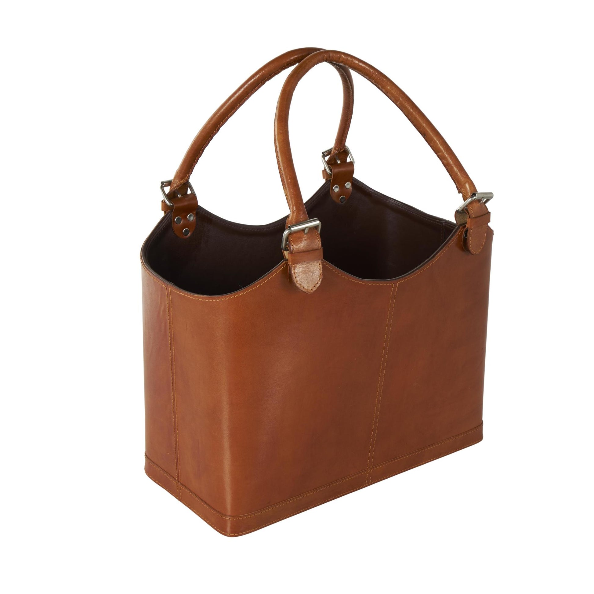Leather Handmade Box Style Decorative Magazine Holder with Detail Stitching and Curved Buckle Handles