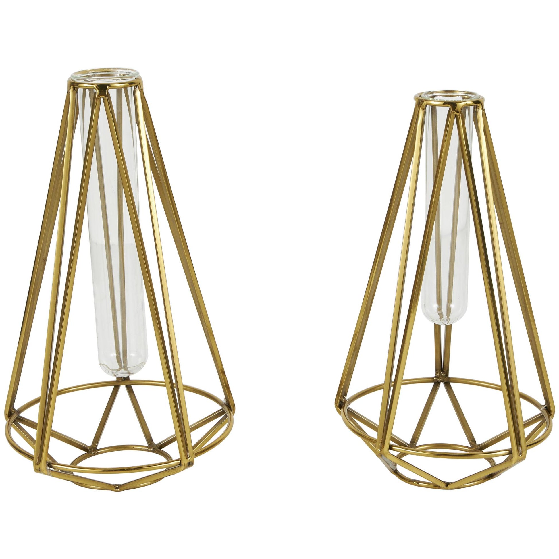 Set of 2 Geometric Gold Stainless Steel Metal Test Tube Decorative Vase