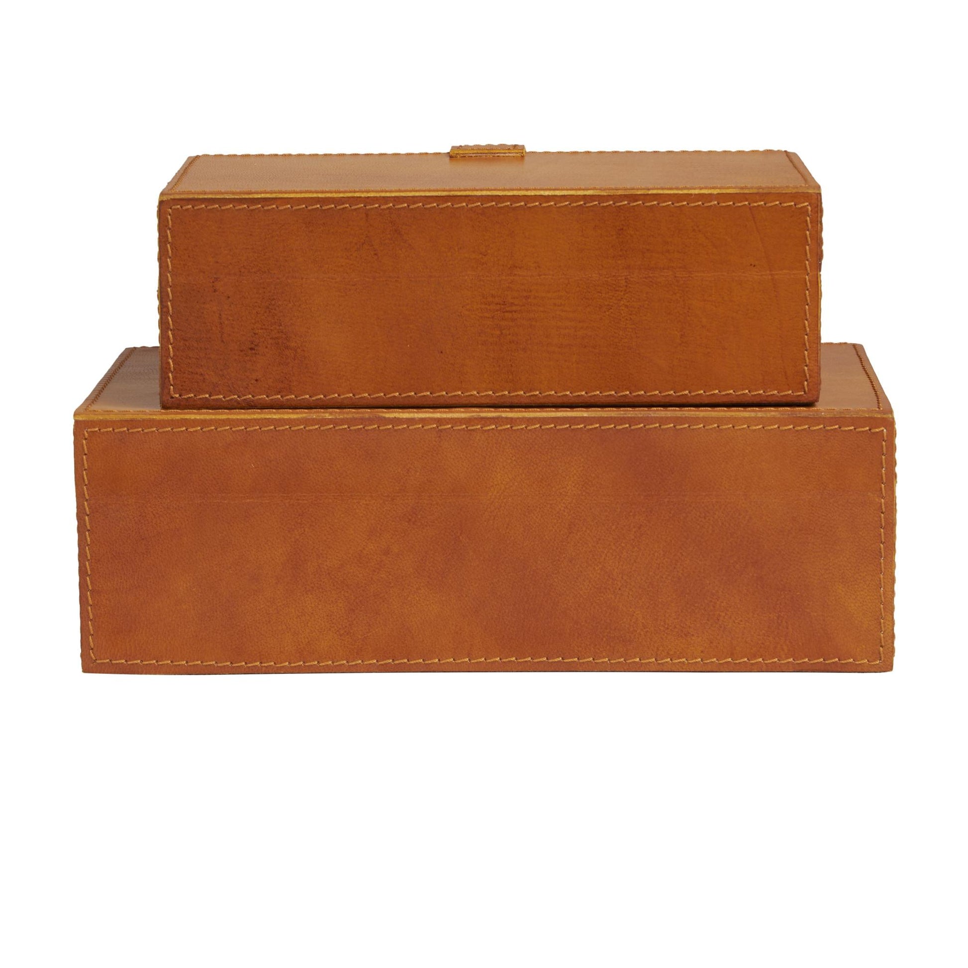 Set of 2 Leather Handmade Decorative Box with Snap Front Closure and Detailed Stitching