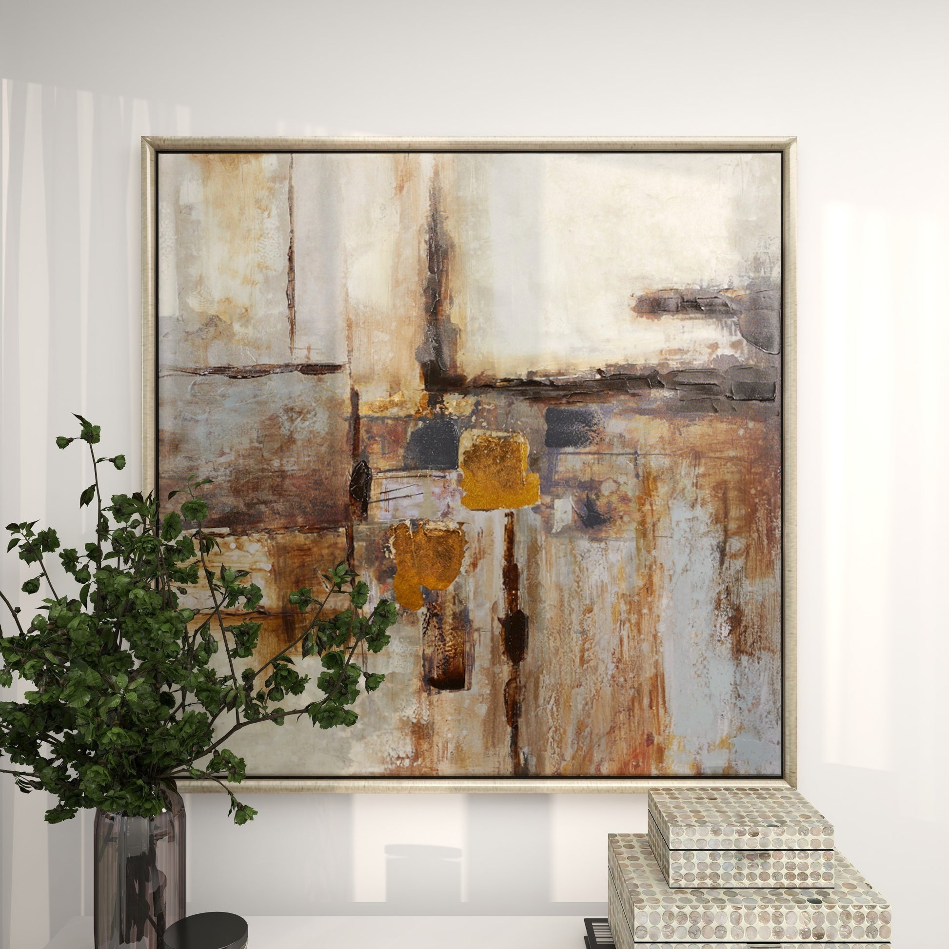 Abstract Brown Canvas Living Room Framed Wall Art with Silver Frame