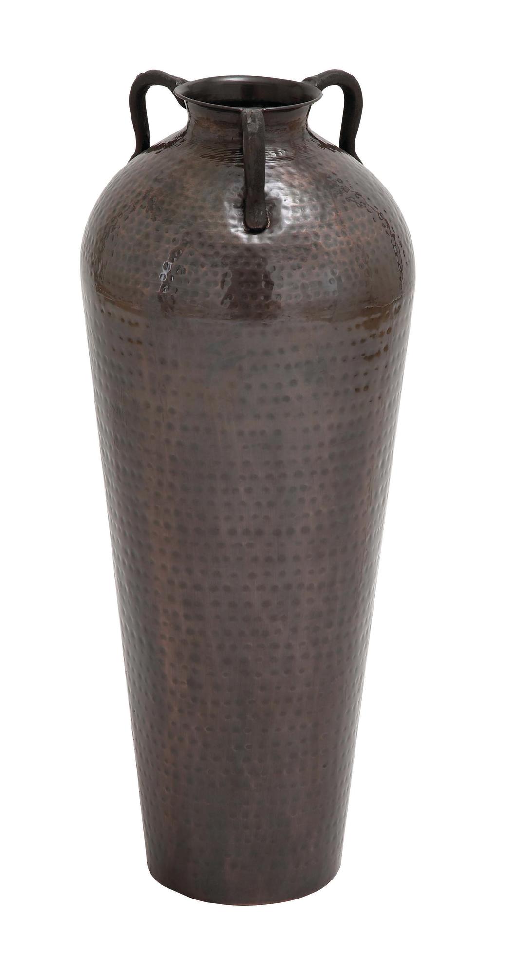 Brown Metal Tall Floor Mediterranean Style Decorative Vase with Hammered Details and Handles