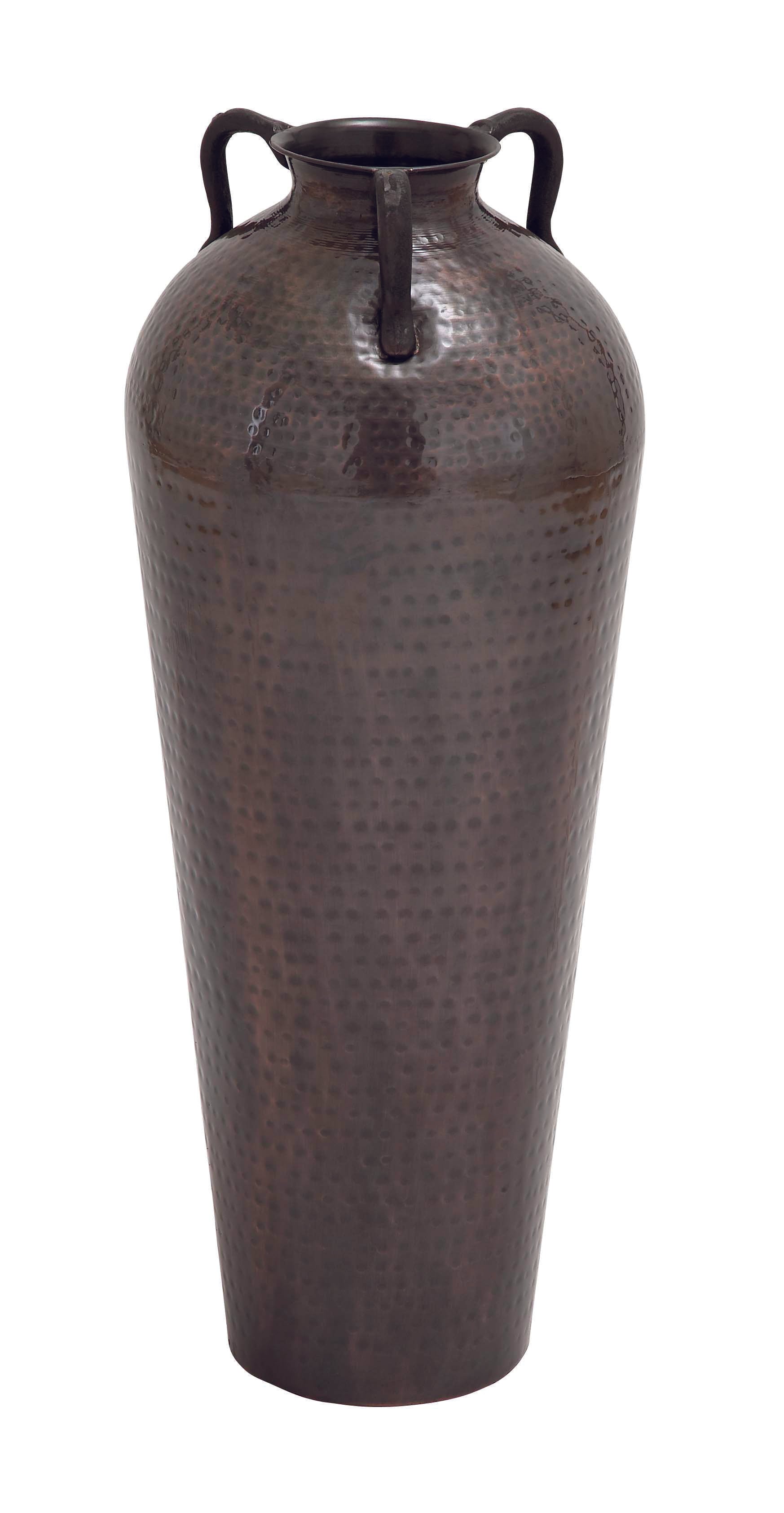 Brown Metal Tall Floor Mediterranean Style Decorative Vase with Hammered Details and Handles