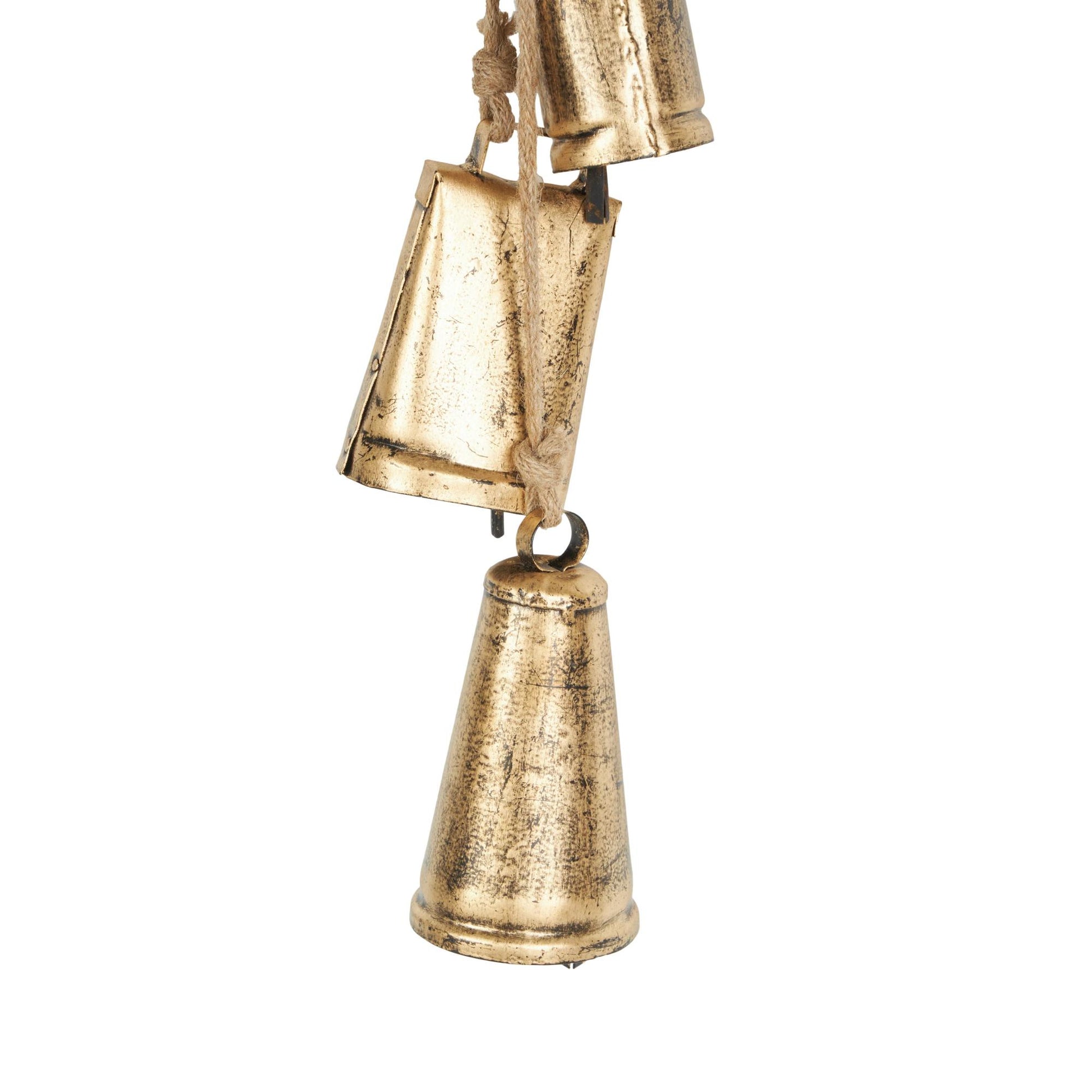Metal Tibetan Inspired Indoor Outdoor Decorative Cow Bells with Jute Hanging Rope 4" x 3" x 22"