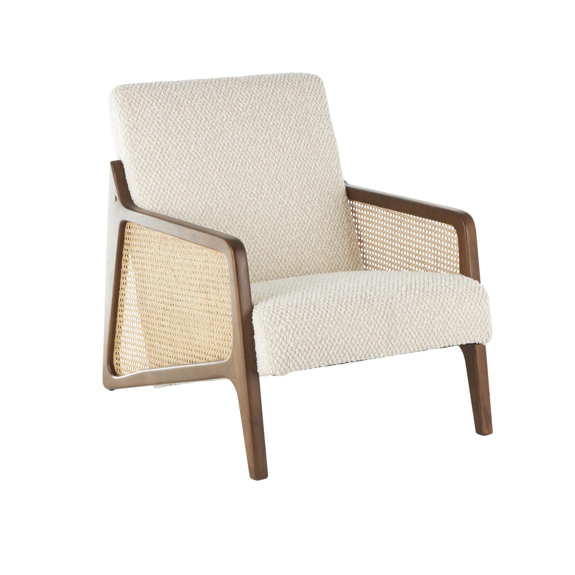 Cream Wood Upholstered Boucle Living Room Accent Chair with Brown Wooden Frame and Rattan Cane Panels
