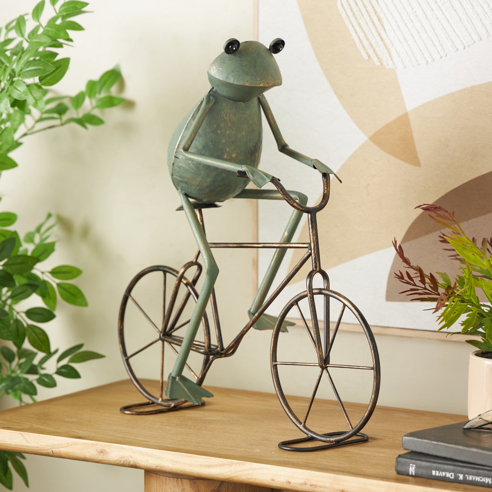 Frog Metal On Bicycle Decorative Garden Sculpture with Gold Accents 19" x 7" x 20"