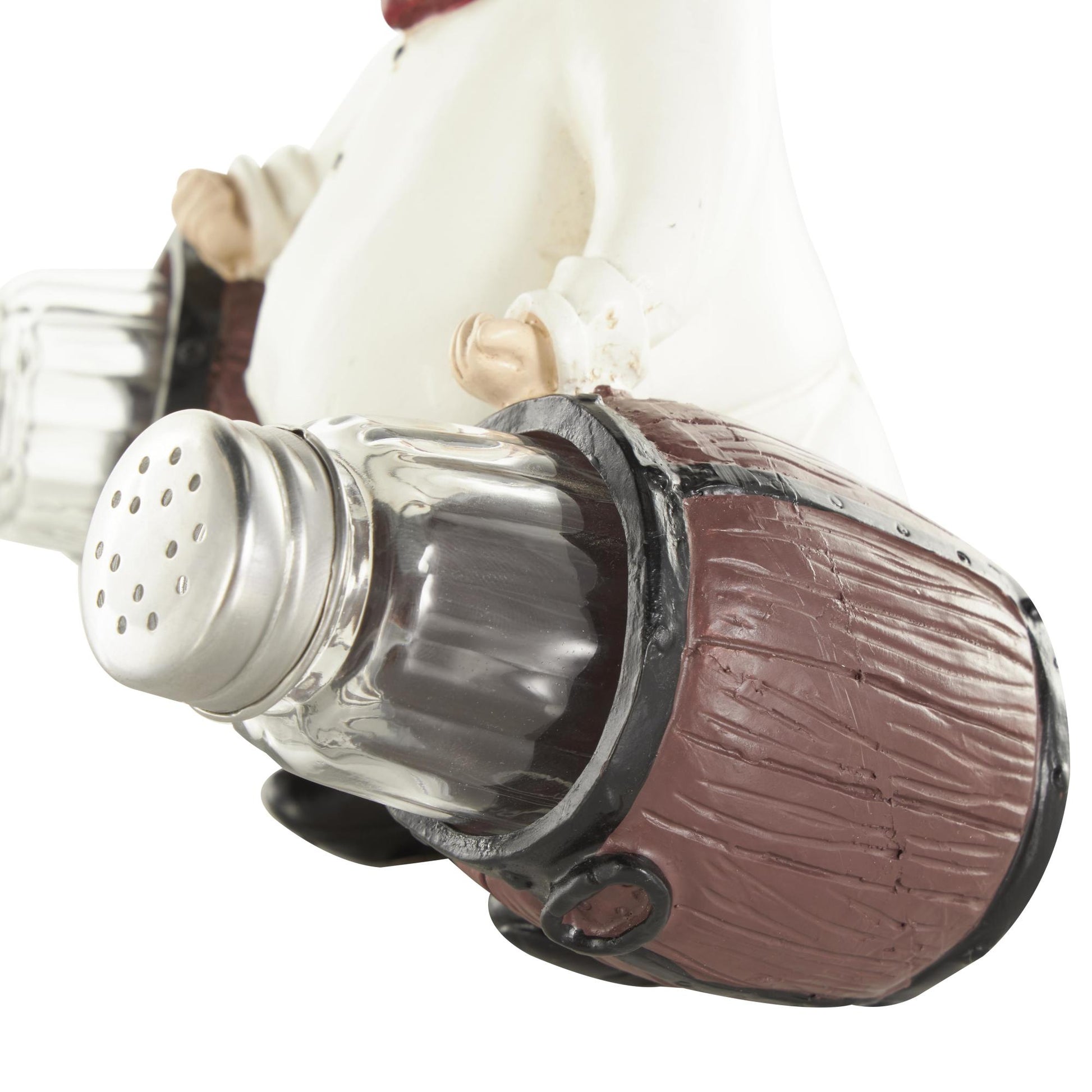Chef White Polystone Figurine Decorative Salt and Pepper Shaker Holder with Wood Barrel Accents