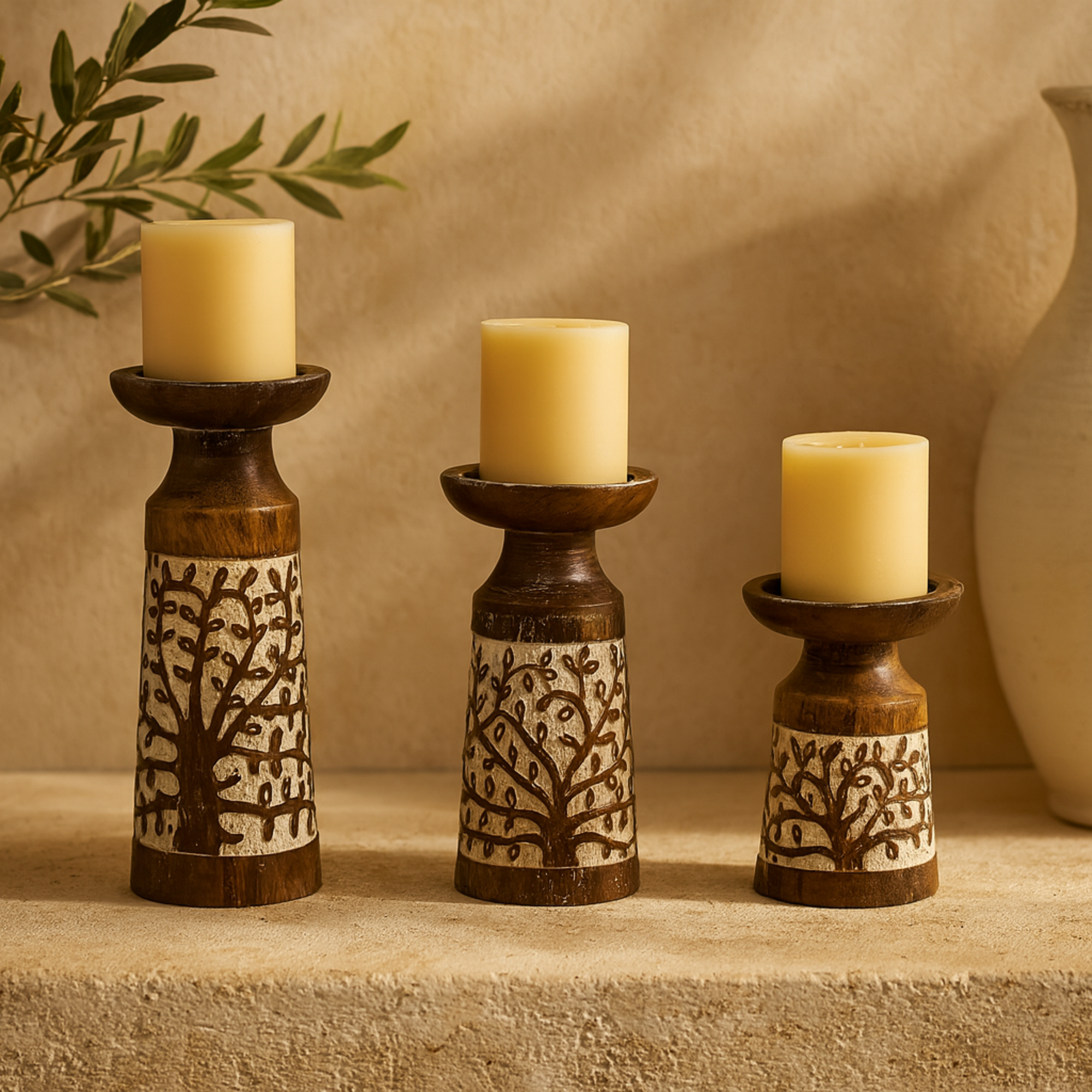 Set of 3 Floral Mango Wood Handmade Carved Pillar Decorative Candle Holder with Whitewashed Cream Backing Set of 3 10", 8", 6"H