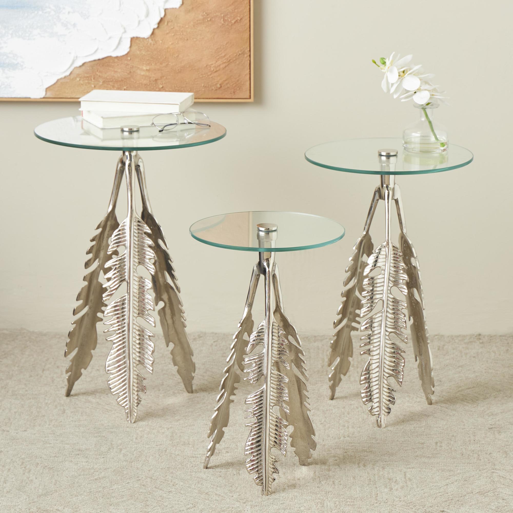 Set of 3 Leaf Aluminum Metal Side End Accent Table with Tripod Legs and Tempered Glass Top