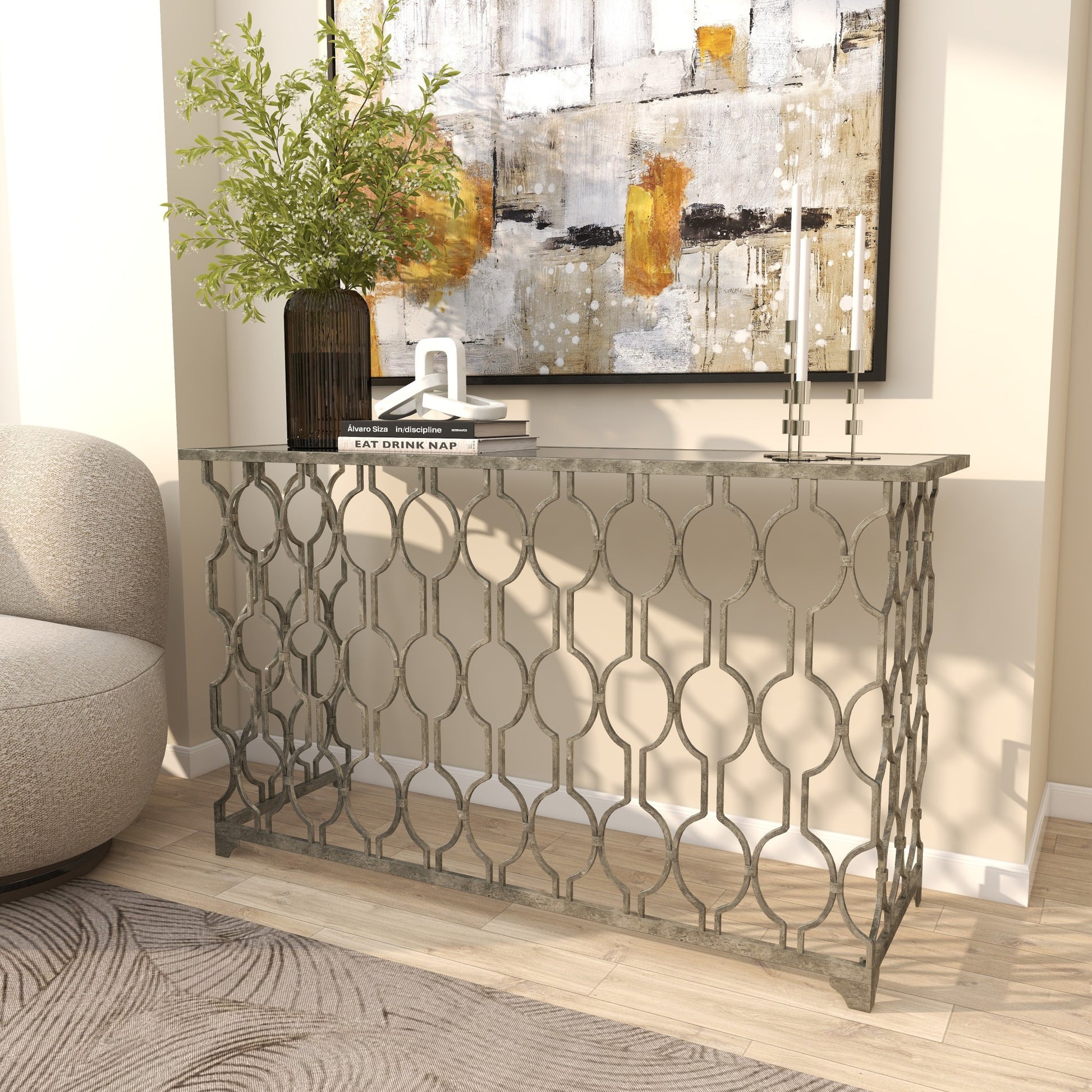 Geometric Silver Metal Rectangular Living Room Console Table with Mirrored Glass Top