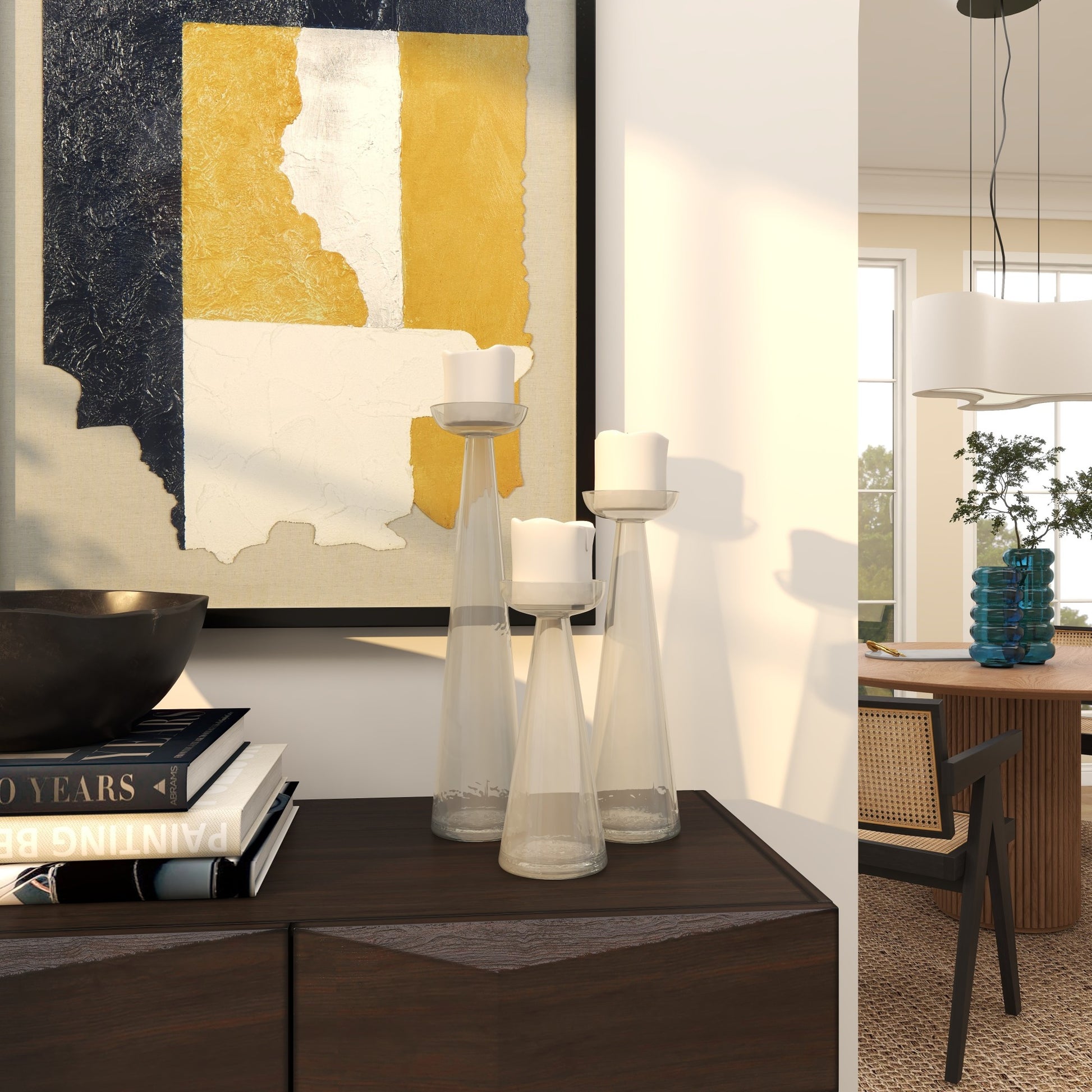 Set of 3 Glass Tapered Cone Decorative Candle Holder with Rounded Candle Plates