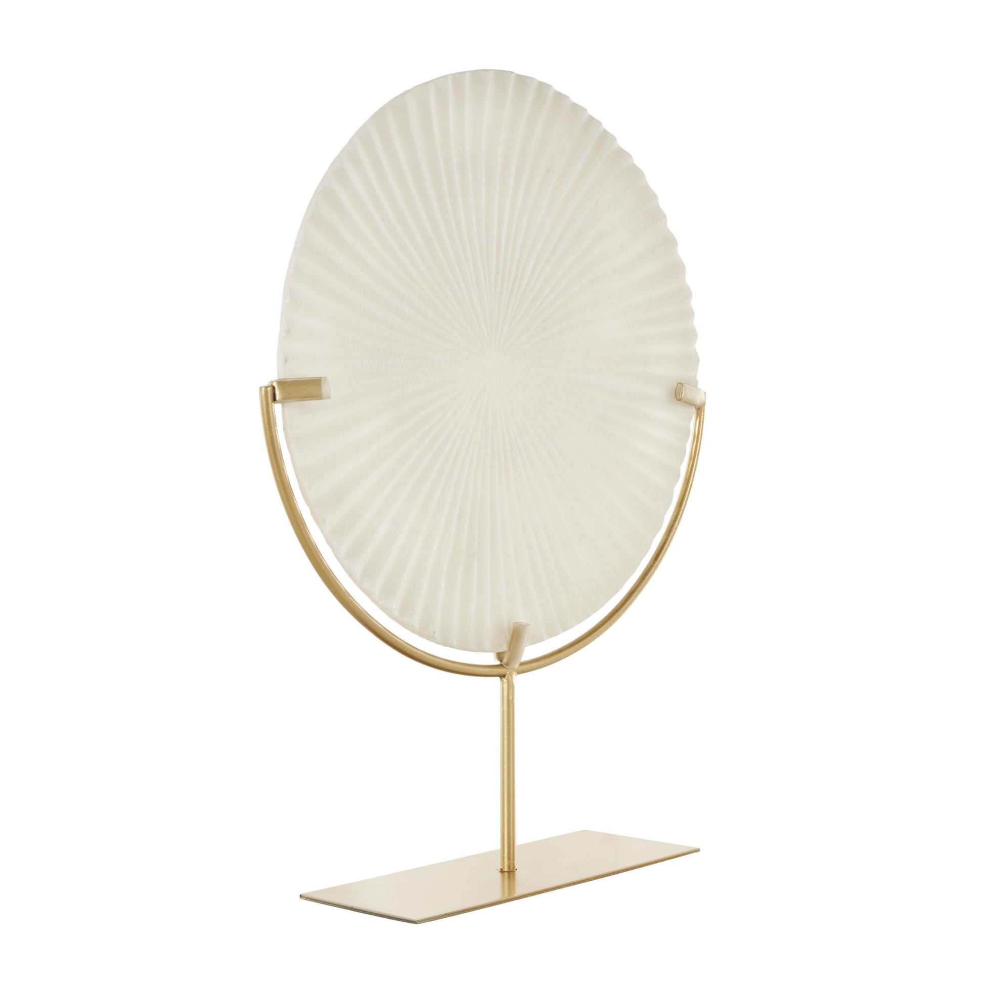 Starburst White Polystone Textured Round Disk Decorative Sculpture with Gold Stand