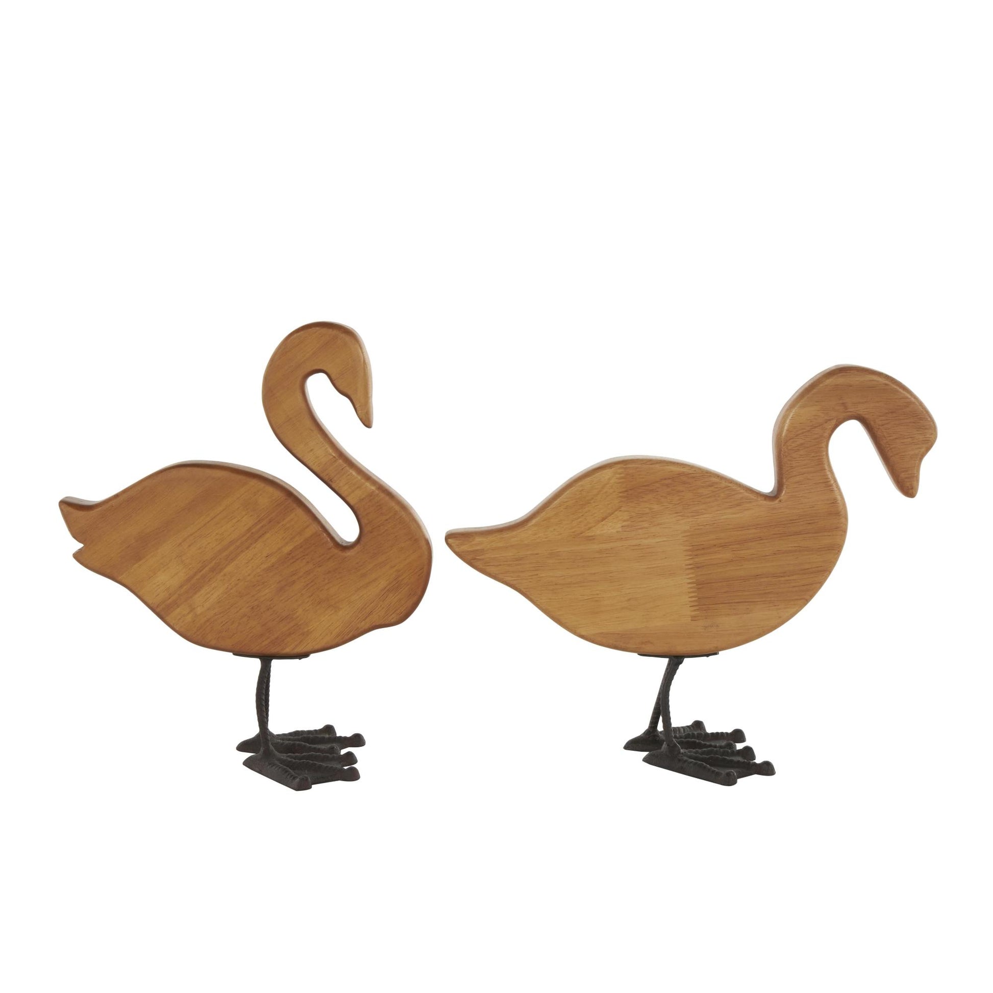 Set of 2 Duck Brown Wood Abstract Decorative Garden Sculpture with Black Metal Feet