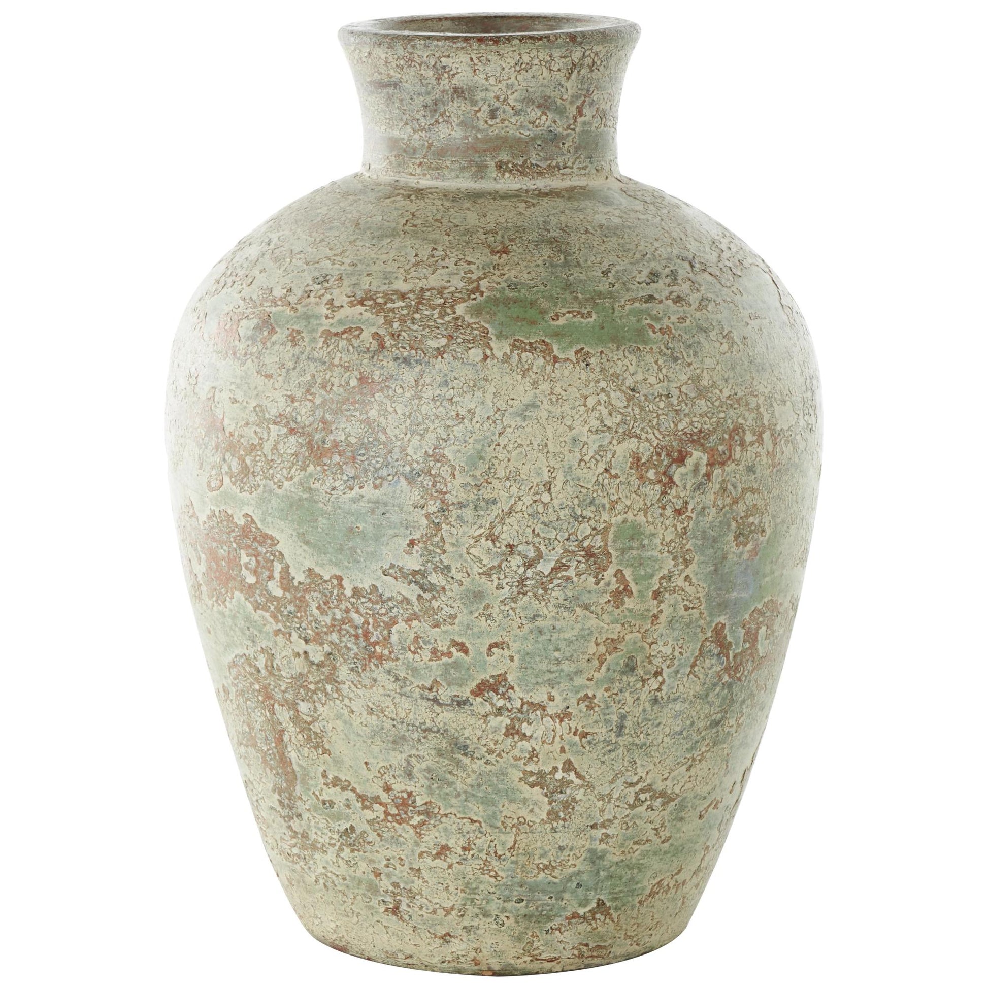 Brown Ceramic Antique Style Textured Decorative Vase with Green and Copper Accents