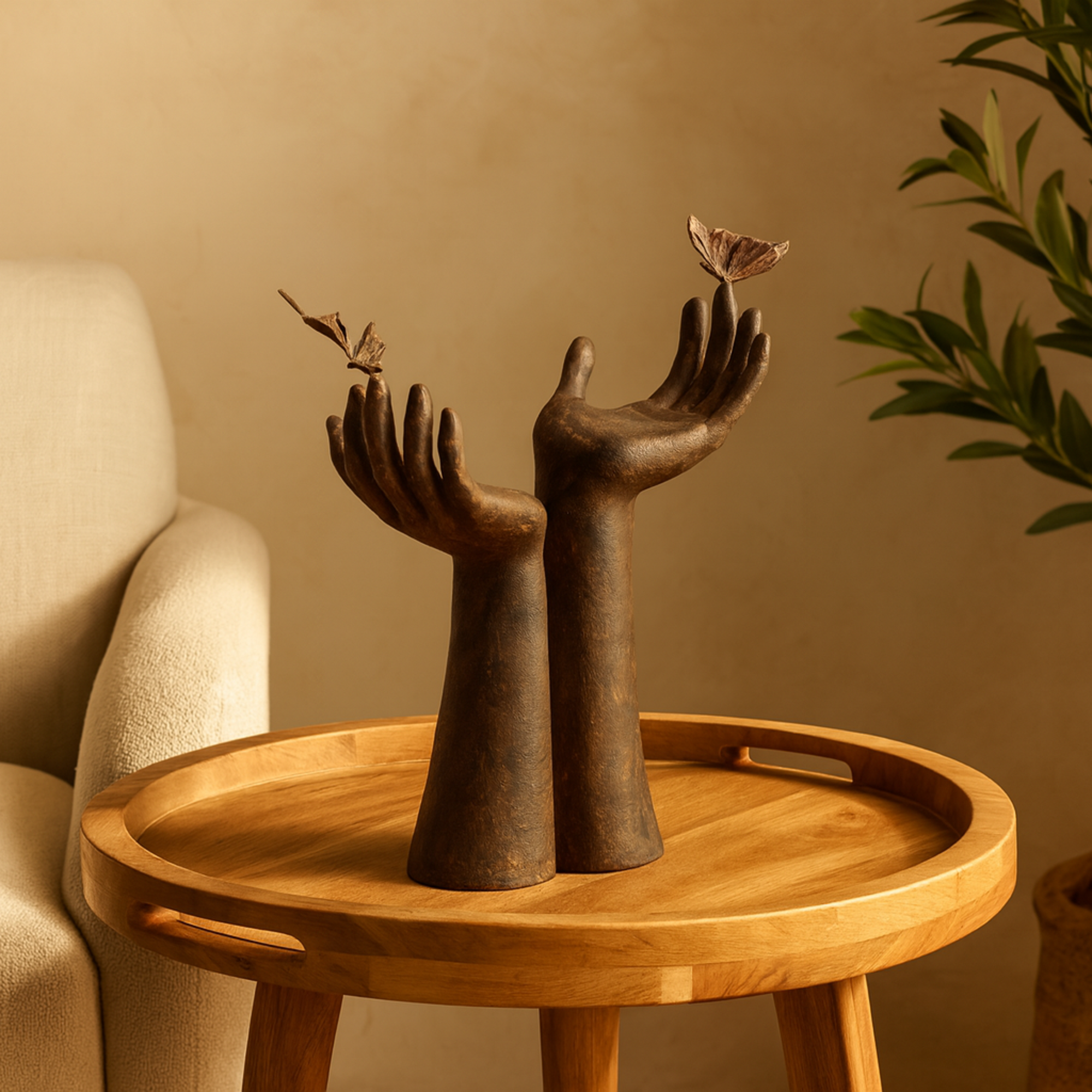 Hands Dark Brown Polystone Raised Decorative Sculpture with Butterfly Accents