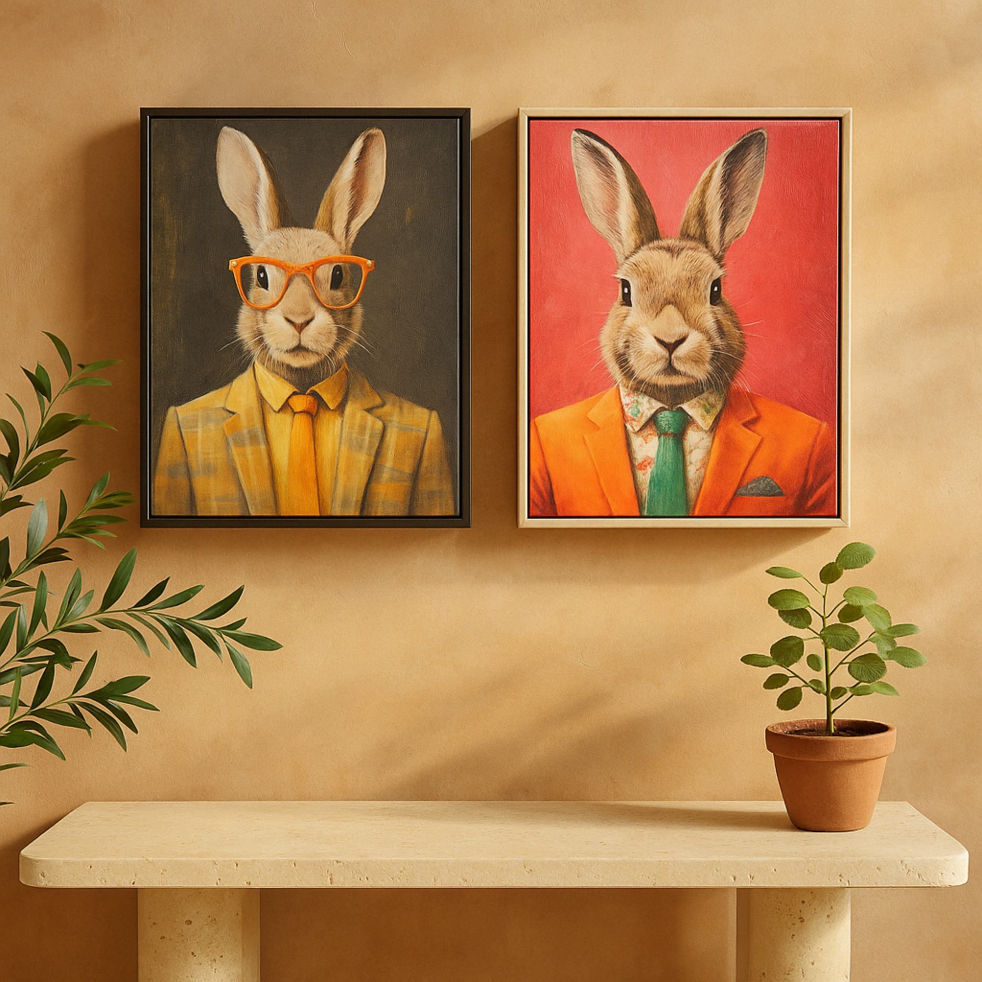 Set of 2 Rabbit Multi Colored Canvas Business Living Room Framed Wall Art with Glasses and Handkerchief