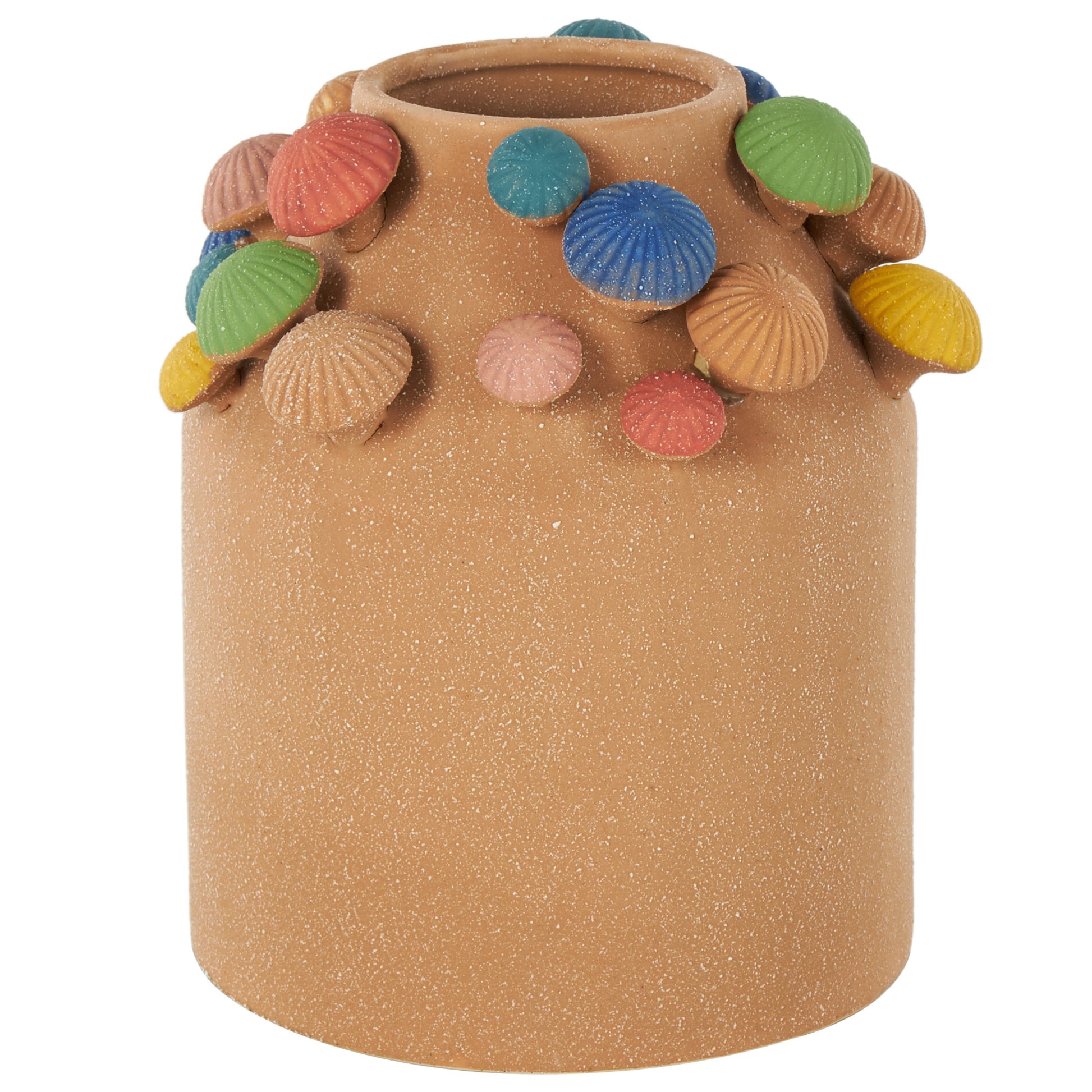 Mushroom Brown Ceramic Round Wide Decorative Vase with Multicolor Accents and White Speckles