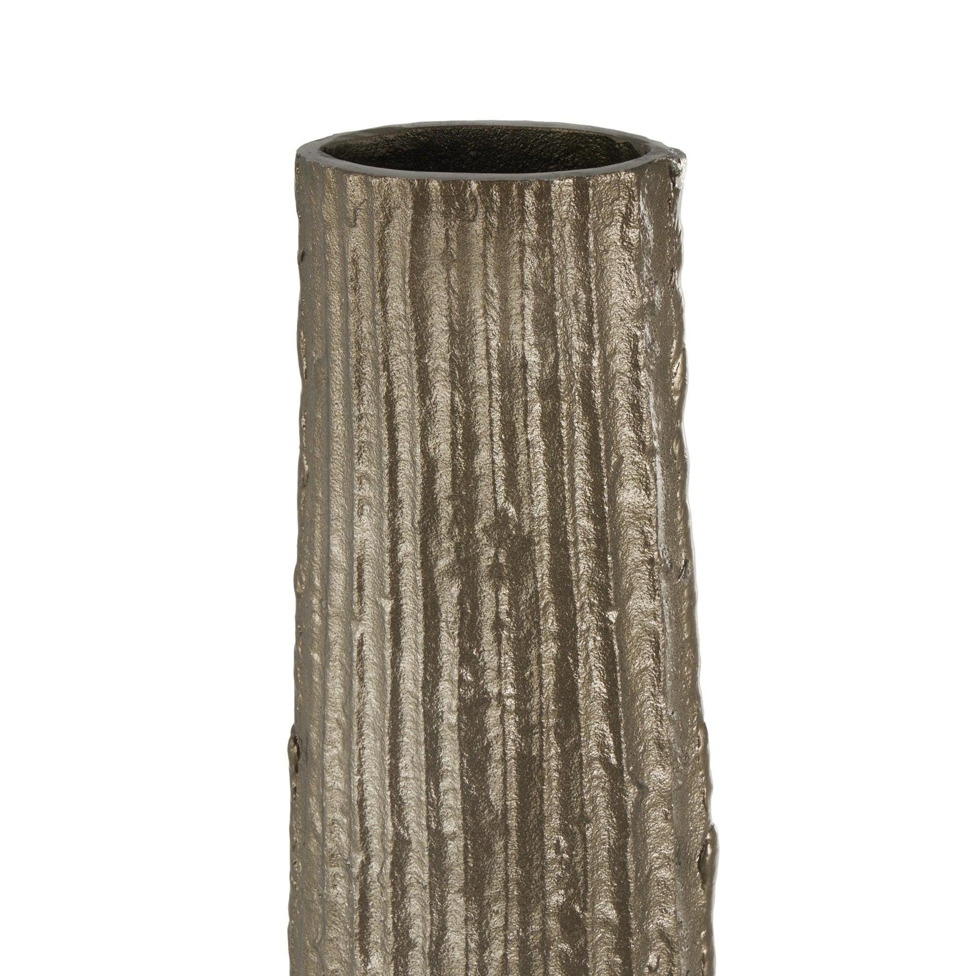 Brass Aluminum Metal Slim Flat Tall Floor Cone Decorative Vase with Textured Ridges