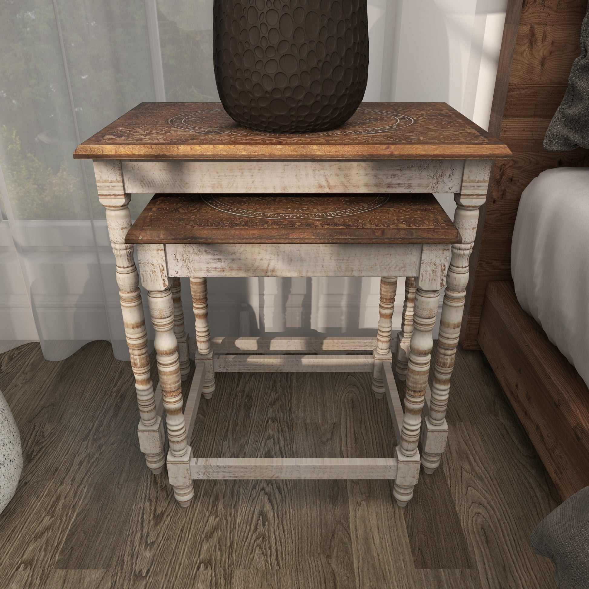 Set of 2 Floral Mango Wood Handmade Intricately Carved Side End Accent Table with Carved Tabletops