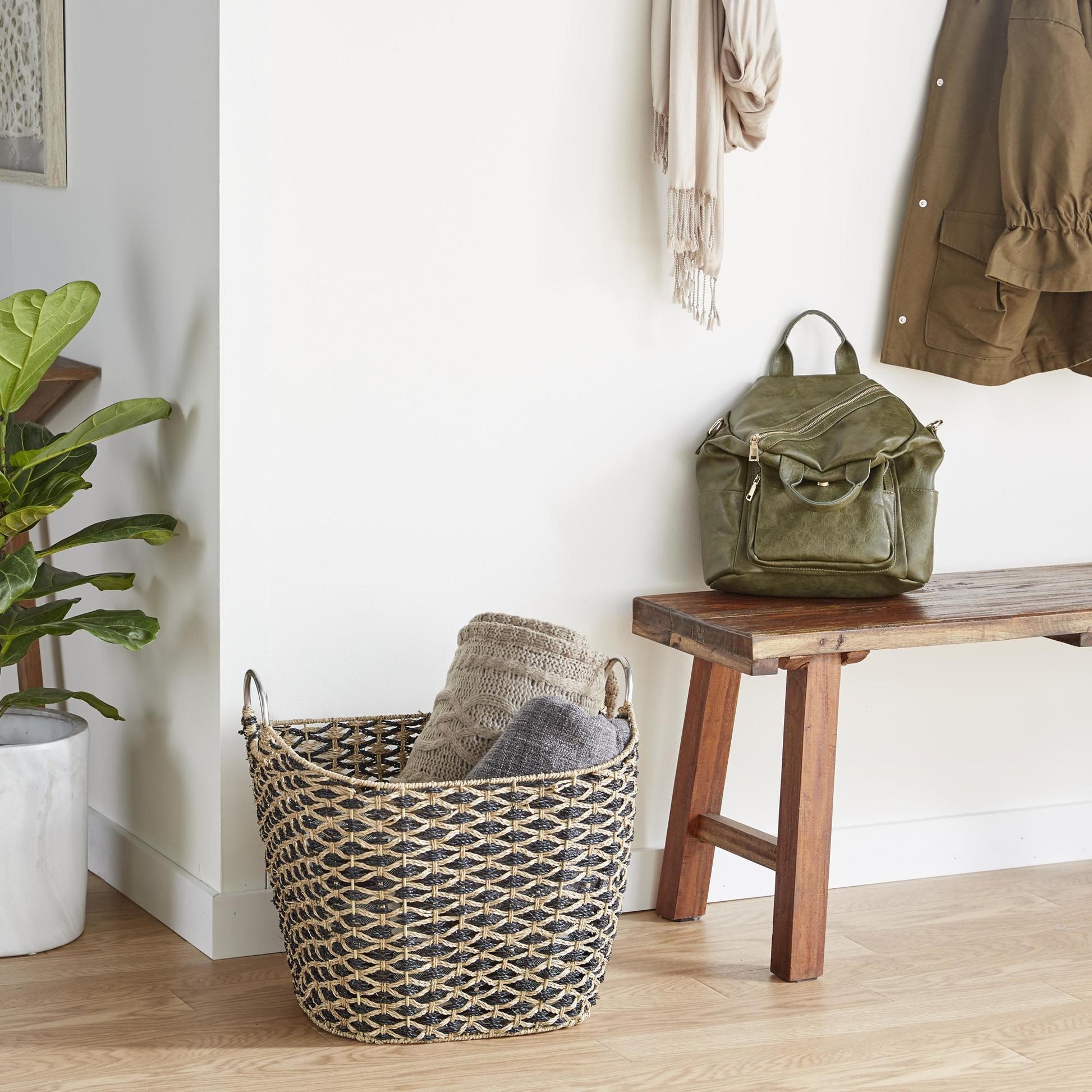 Seagrass Handmade Two Toned Decorative and Functional Storage Basket with Metal Handles