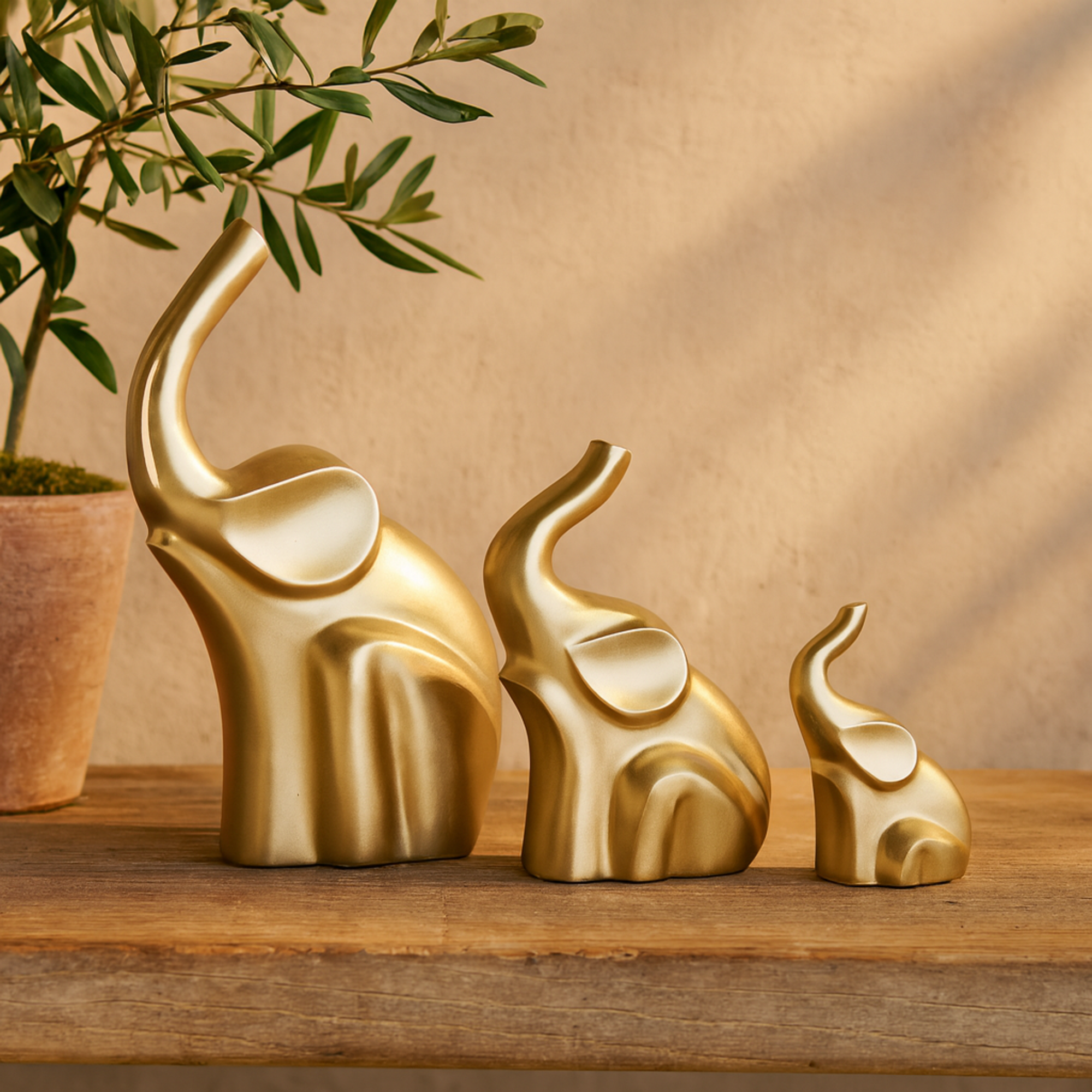 Set of 3 Elephant Gold Aluminum Metal Decorative Sculpture