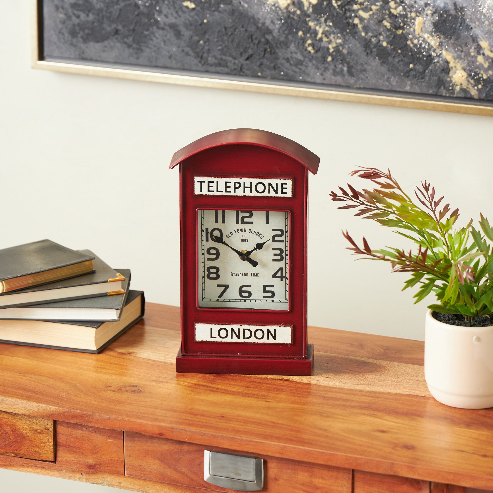 Text Red Metal London Telephone Booth Inspired Decorative Clock