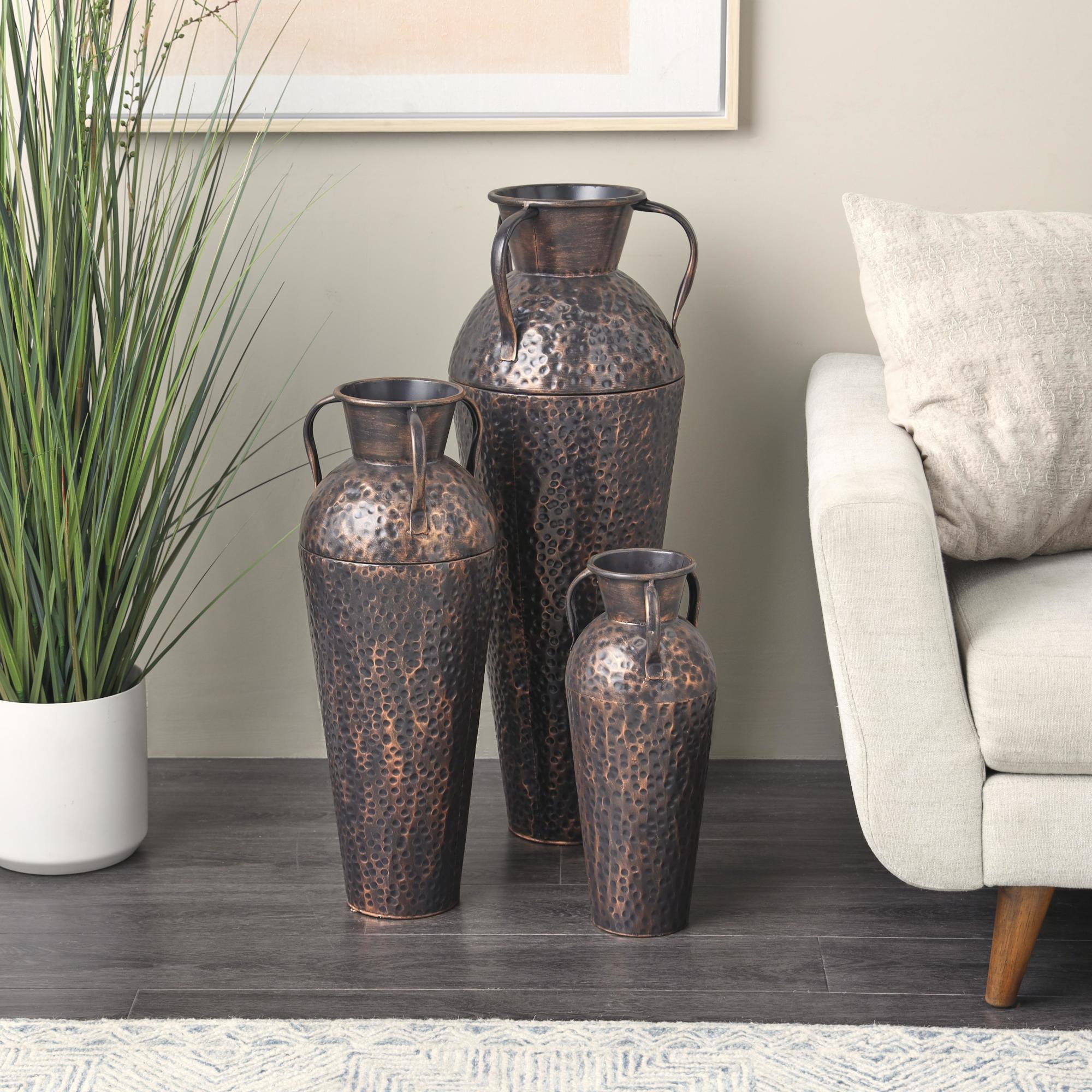 Set of 3 Copper Metal Tall Floor Weathered Amphora Decorative Vase with Hammered Details and Handles