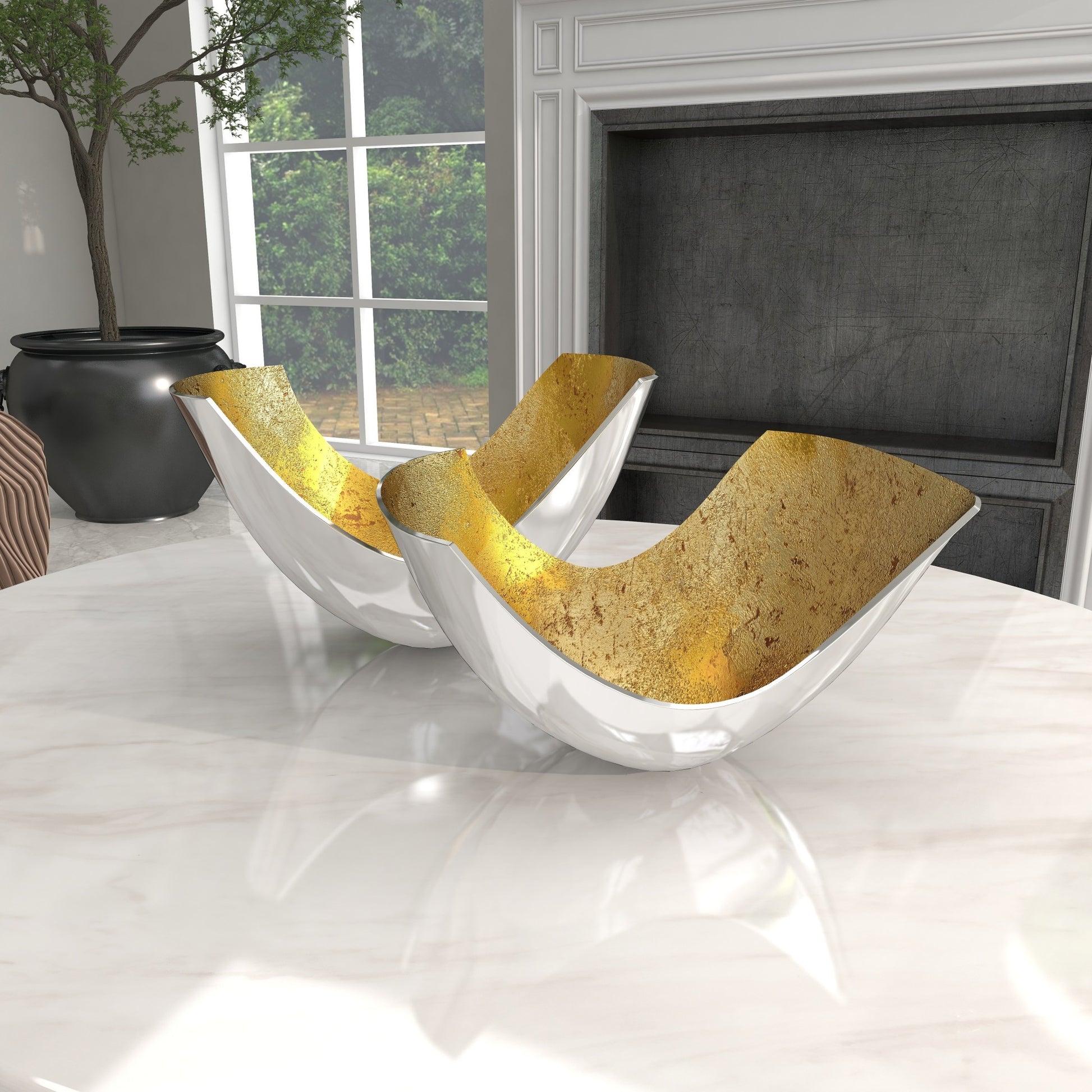 Set of 2 Gold Aluminum Metal Large Decorative Bowl with Gold Interior