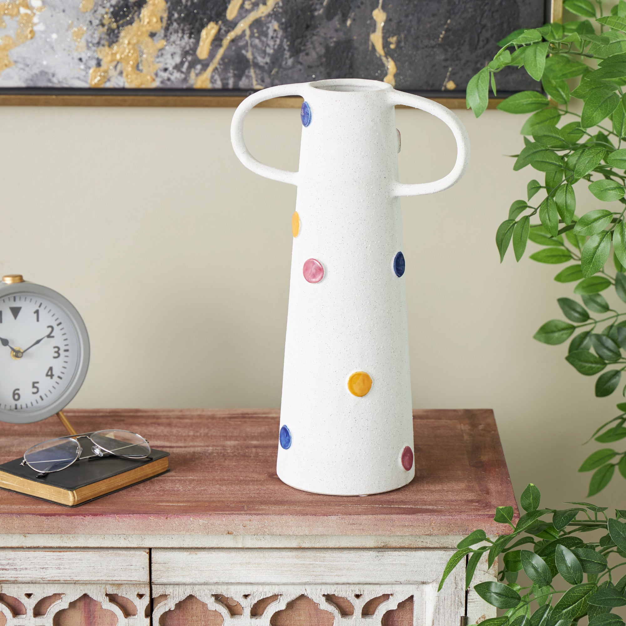 White Ceramic Slim Cone Decorative Vase with Multicolor Spots and Handles